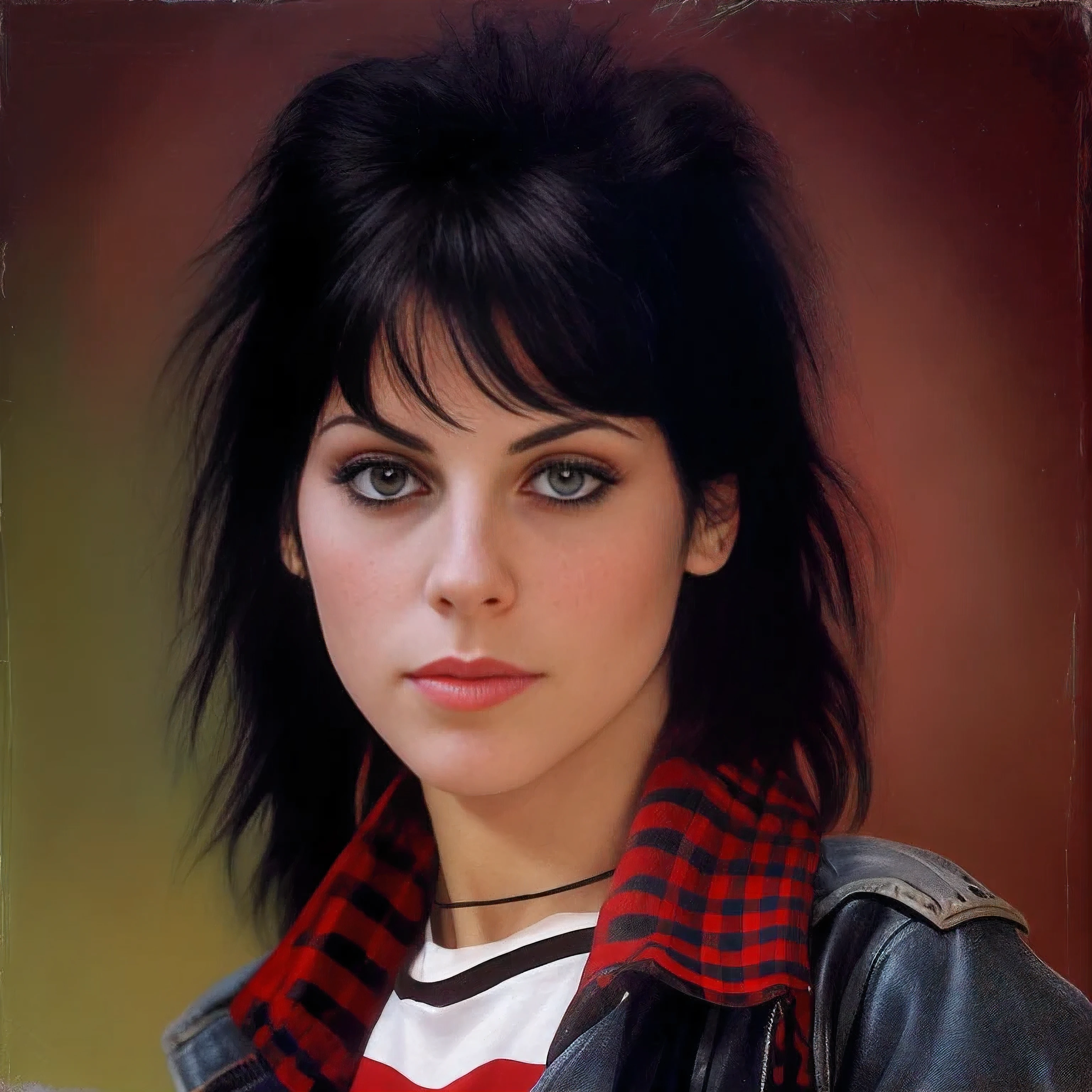 Joan Jett, there is a woman with a red and black shirt and a jacket, digital art. photo realistic, beautiful realistic painting, photorealistic digital art, realistic cute girl painting, 8 0 ’ s portrait, highly realistic digital art, photorealistic painting, oil painting of realistic woman, photo realistic painting, realistic oil painting, photorealistic digital painting, realistic studio portrait