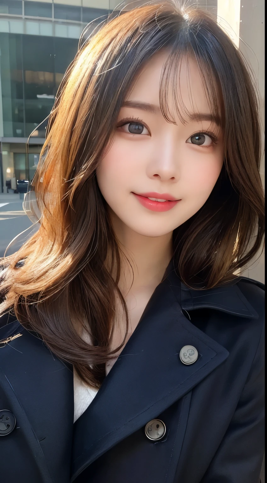 table top, highest quality, shape, Super detailed, finely, High resolution, 8k wallpaper, 完璧なダイナミックな構shape, beautiful and detailed eyes, Gorgeous black fluffy Tokyo winter clothes,ランダムなcute髪,,natural color lip, bold sexy pose,smile、20 year old girl、cute、sexy shot looking at camera,Always blur the background,perfect and beautiful face,Take only the face,Beautiful and dense face、slim face and style,Big eyes、Do gal makeup,small face,Wearing a trench coat from a luxury brand in spring、smile