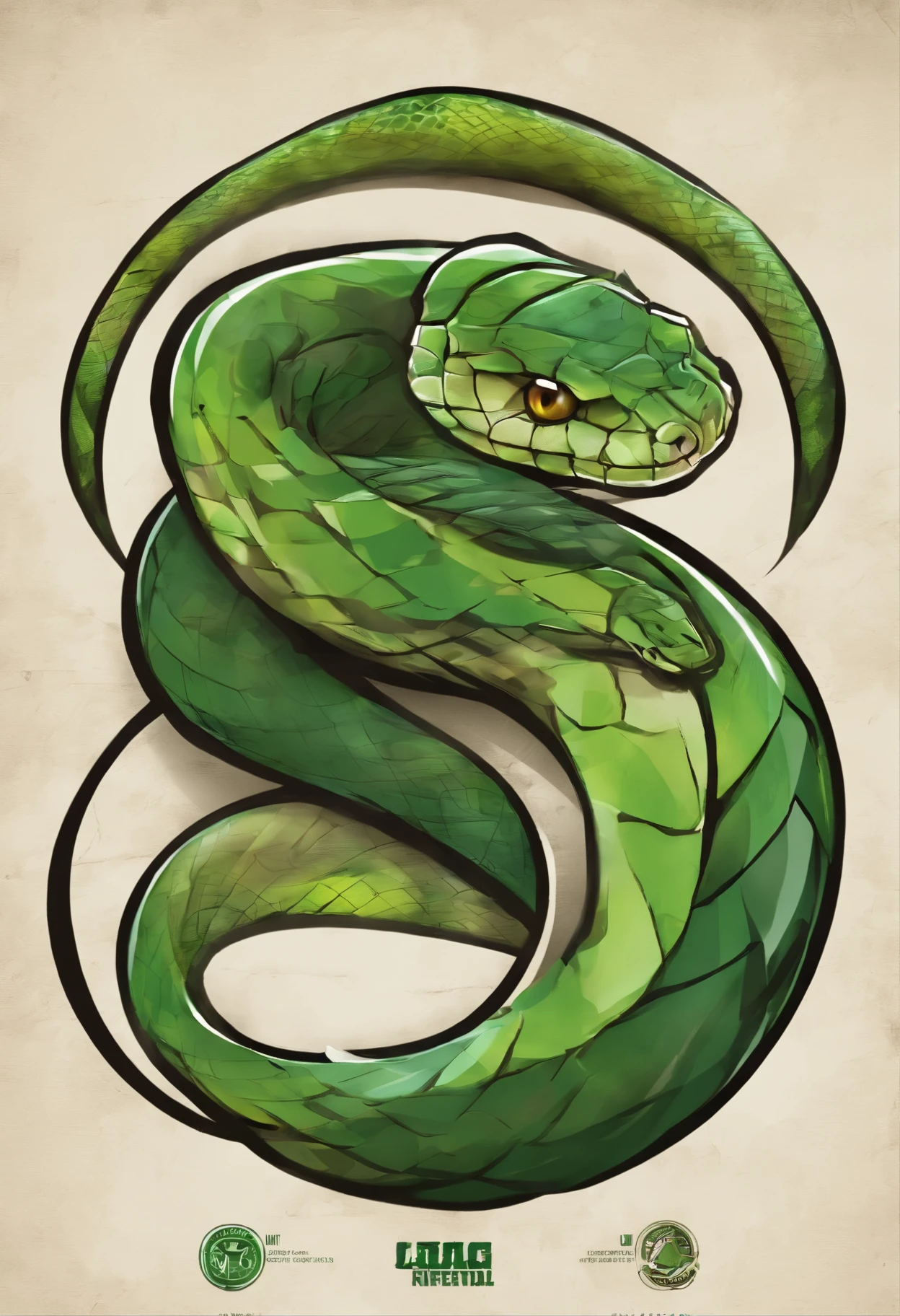 Create an A4 design in the style of a football team logo in which the central animal is a green snake, and at the bottom it must say “NUTRI”.