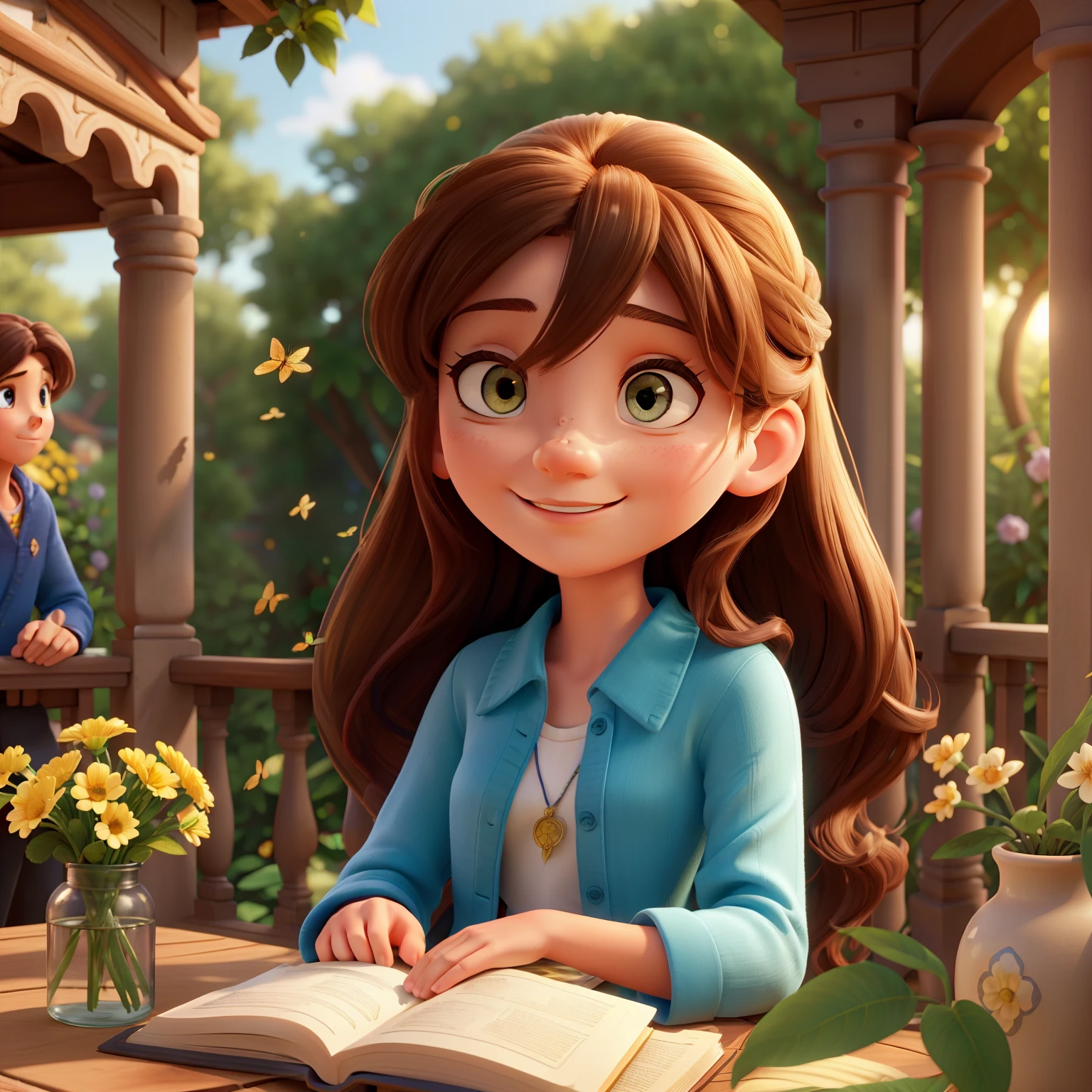 A beautiful young woman with long, hidden hair sits on the balcony engrossed in a book, her boyfriend smiles at her affectionately in the Disney Pixar 2D style. The sunlight filters through the leaves of the plants, softly lighting up her face and casting gentle shadows around them. The scent of blooming flowers fills the air, creating a peaceful and serene atmosphere. The background shows a vibrant and colorful garden with bees buzzing around, adding a touch of nature to the scene. The woman's expression is focused on the book, her eyes lighting up with every page turn as she immerses herself in the story, while her boyfriend watches her with adoration, cherishing the moment they share