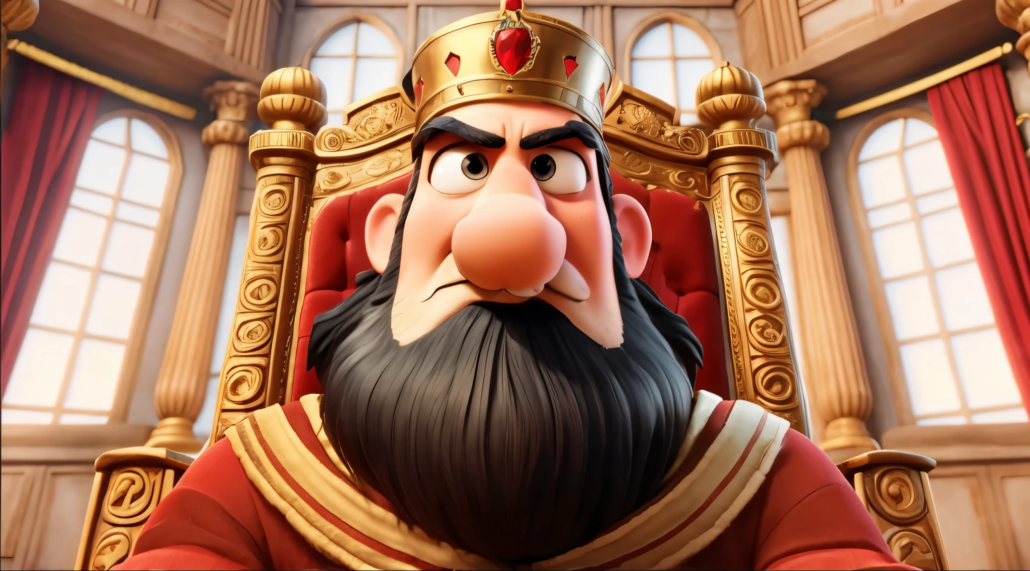 A cartoon king with a beard and a crown sits on a red throne in a throne room.