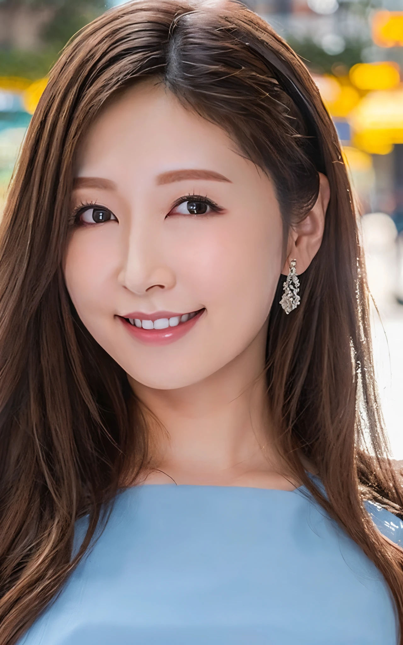 A close up of a woman with long hair wearing a blue dress - SeaArt AI