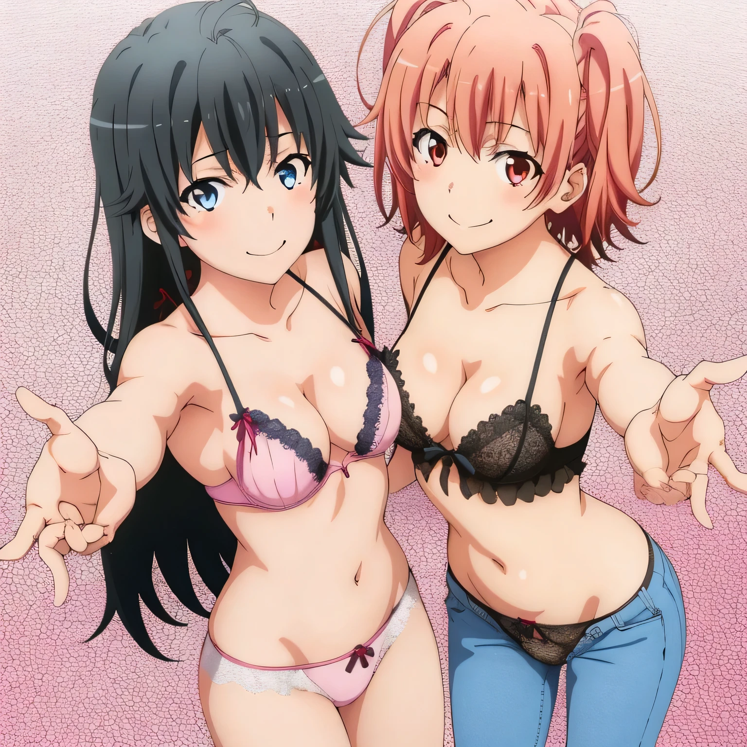 ((2 girls:1.0)), (Yuigahama Yui has a well-shaped chest and crotch),(Yukinoshita Yukino),no background,In underwear,waltz dance,red ribbon on pants,pink silk lace panties,pink silk panties,belly button,thighs,knees,calf,front,looking at camera,(high angle),open your mouth,smile,Panoramic view of the head,beautiful eyes