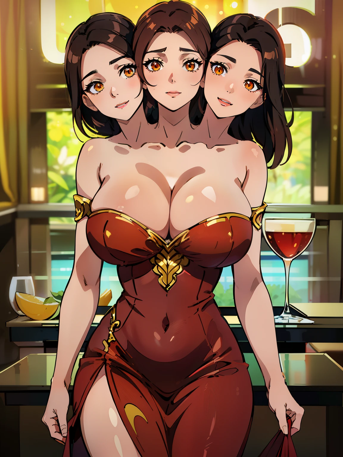 (masterpiece),(ultra-detailed), (high quality), (high resolution), (best quality:1.5, highres, UHD), highres, absurdo, ultra detail, ultra quality, ((3heads:1.5)), 1girl, ((long brown hair)), thighs, ((vibrant red dress)), single piece dress,, seductive smile, seductive expression, seductive woman, glowing yellow orange eyes, beautiful girl, Ultra resolution, 16k, detailed face, a two headed woman, with a large bust and fairly slim hips, sassy, flirty, mature woman, sexy beautiful woman, (cleavage), ((large breasts:1.5))