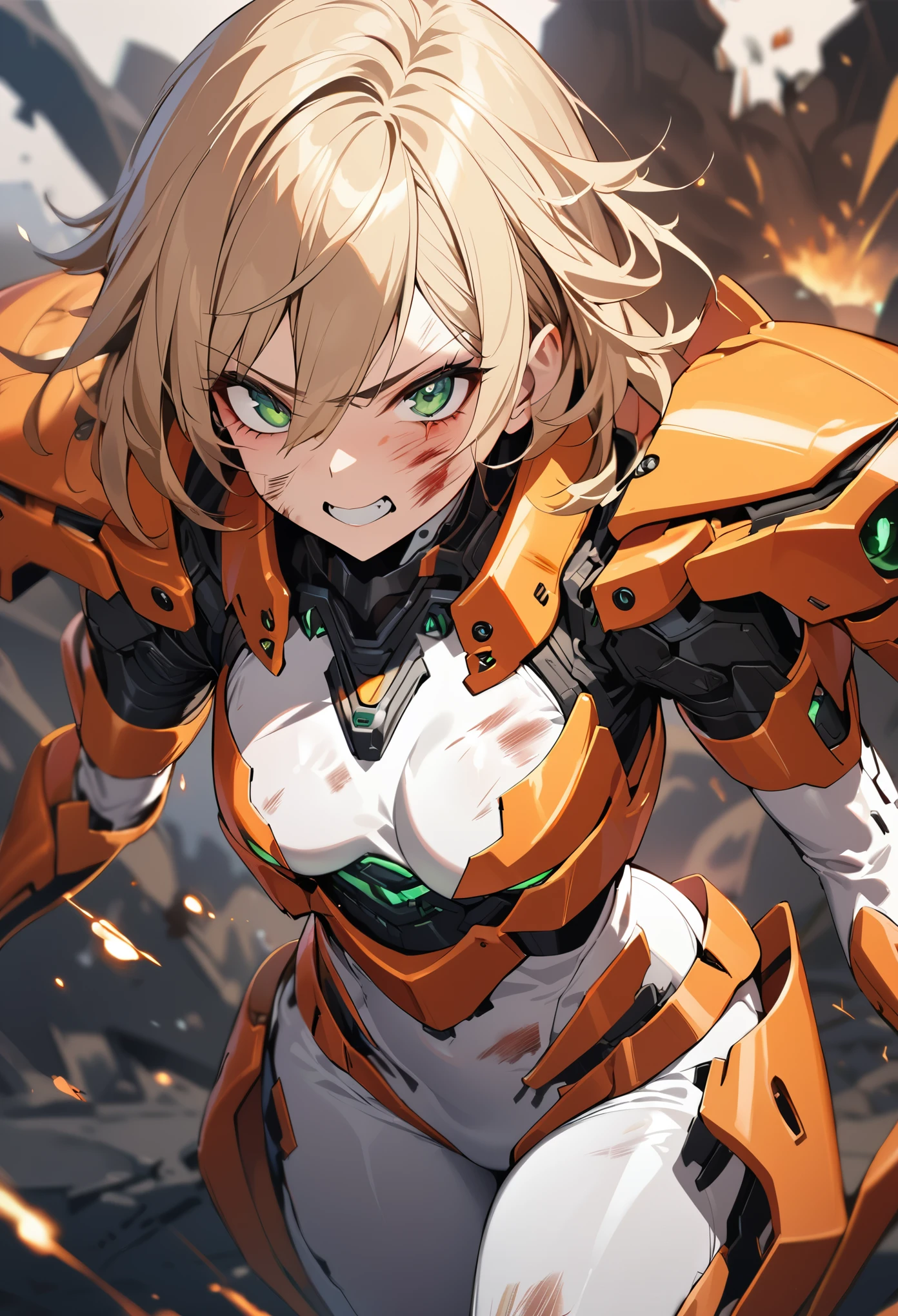 1girl,solo,Sala,original,blonde hair,green eyes,white body suit,in garage,standing behind the bike,looking at bike,Bike in front of the girl,Science fiction,ultra-detailed,sharp focus,(best quality)