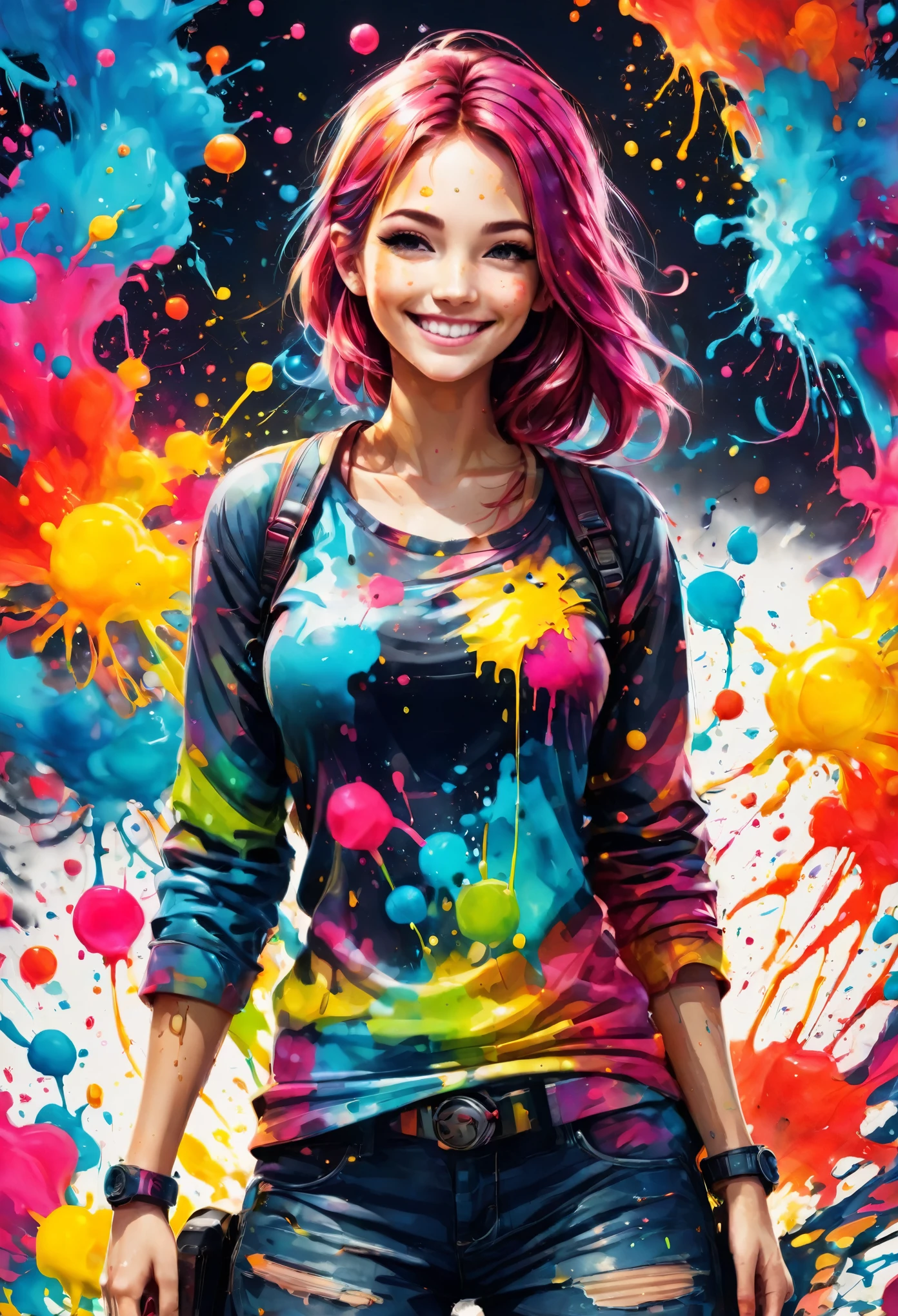 Ink splatter, (girls with ink all over their bodies), casual clothes, (colorful ink), smile, in the survival game field