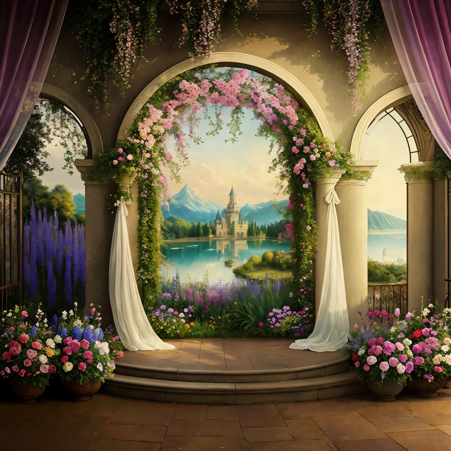There is a stage,Painting lake and flowers, Stunning mystery background, Gorgeous background, Baroque background, Gorgeous and intricate backgrounds, fantasy landscape, Dreamy and detailed, kingdom of light background, stadium background, fantasy landscape art, Beautiful fairy tale rendering, floral environment, art nouveau environment, royal garden background, landscape artwork, romantic scenery, drama scene