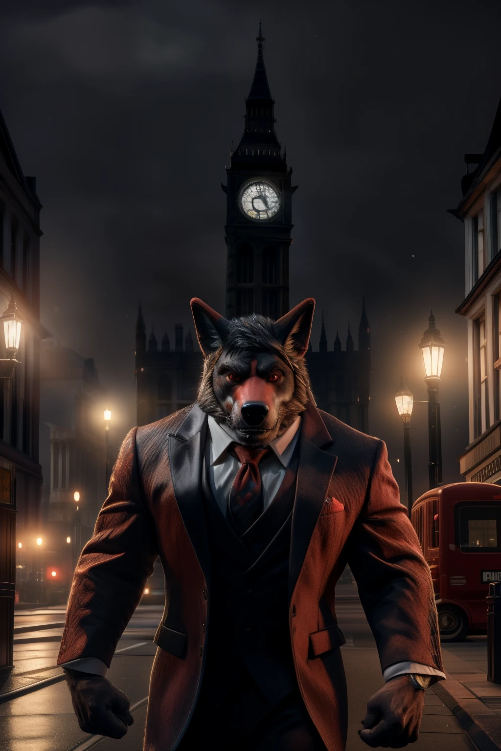 Um lobo negro, com olhos vermelhos, wearing a sleek and sophisticated black suit, strolls confidently near the awe-inspiring Big Ben in London. His fiery red eyes gleam with an undeniable allure as he takes in the bustling city scene around him. This high-definition, masterpiece-worthy rendering captures the intricacies of his muscular form, from the detailed textures of his suit to the soft, yet realistic fur on his head. The use of a depth of field and a dramatic, contrasting light creates an absorbing atmosphere, with the bright, warm hues of the street lamps contrasting against the cold, dark backdrop of the