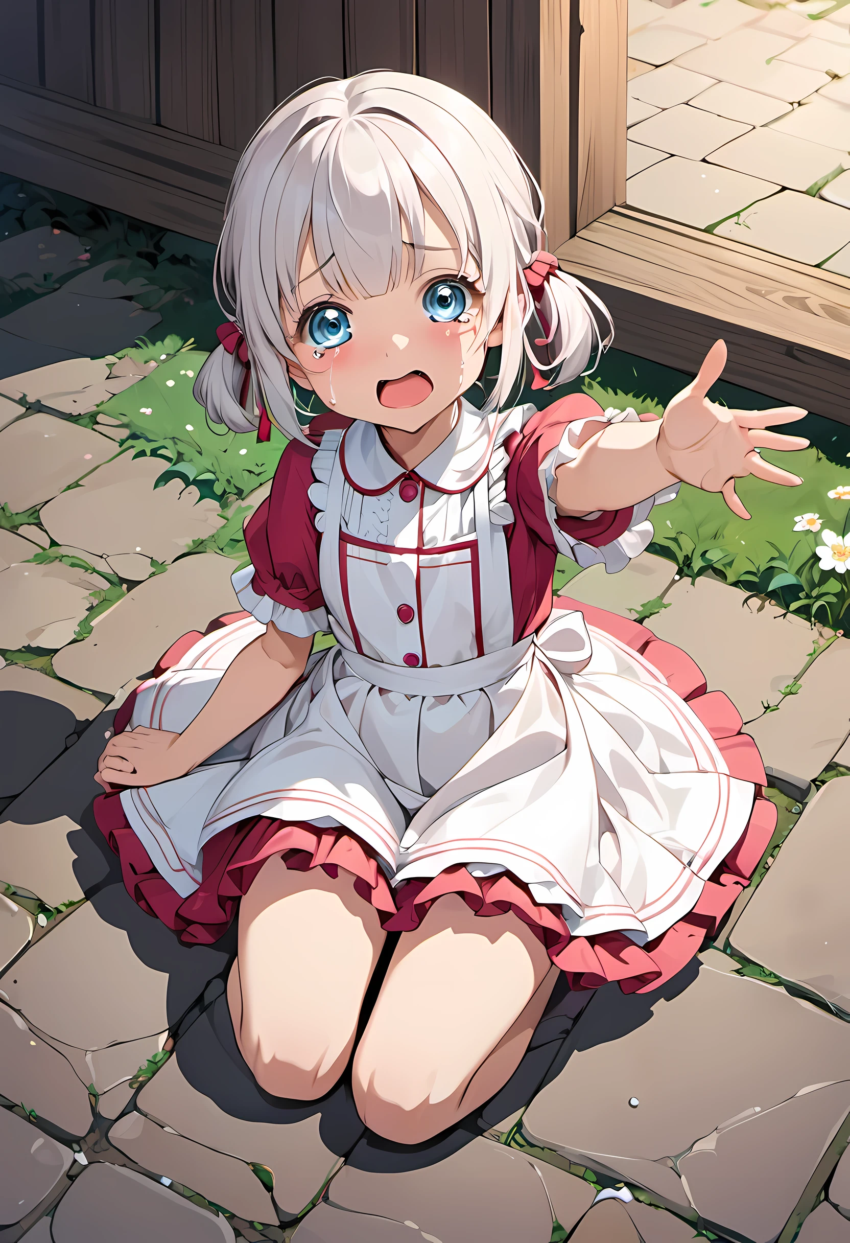 Lolicon crying, full body, peeing on the floor, excited daddy around looking at her
