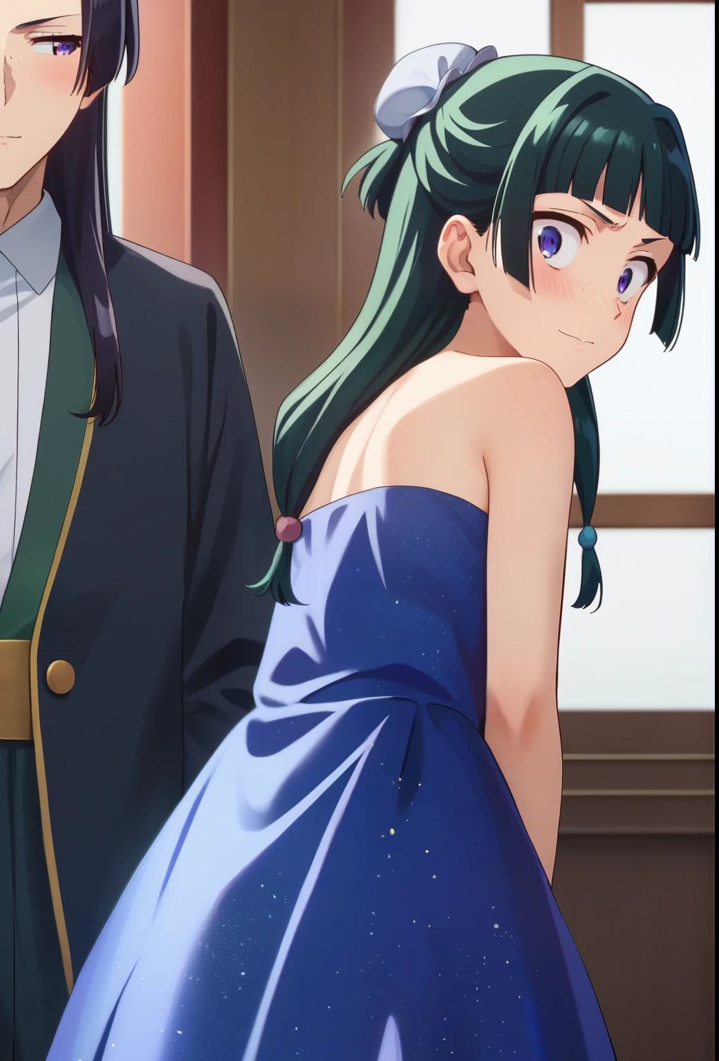 maomao, 1girl, blue eyes, freckles, sidelocks, blunt bangs, low twintails, sparkling dress, blue dress, small breasts, blush, embarassed, looking away,
jinshi, 1boy, bun cover, long hair, purple eyes, parted bangs, black suit, facing viewer, from behind, smile, his head is over her shoulder, over shoulder, BREAK
score_9, score_8_up, score_7_up, score_6_up, anime,(all bodies)),((((абсолютно Naked))).((Naked))