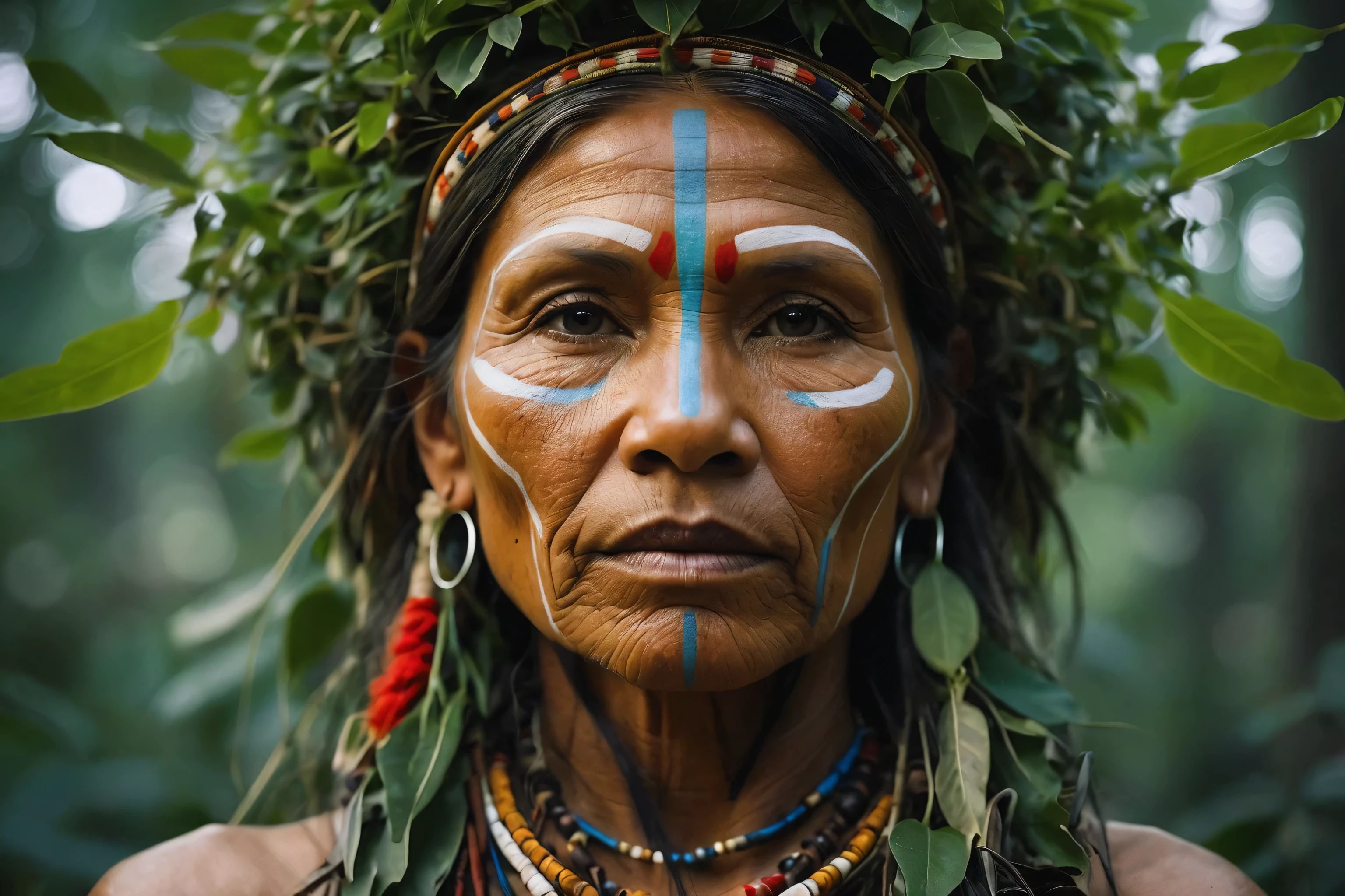 homem arafiado com rosto pintado e cocar na floresta, ayahuasca shaman, marcas tribais faciais, retrato de uma mulher guerreira, povos indigenouss amazônicos no brasil, anthropological photography, A young shaman, indigenous man, pintura facial tribal, healthy techno - lady shaman, pinturas faciais tribais, tribo antiga, she is dressed in shaman clothes, indigenous