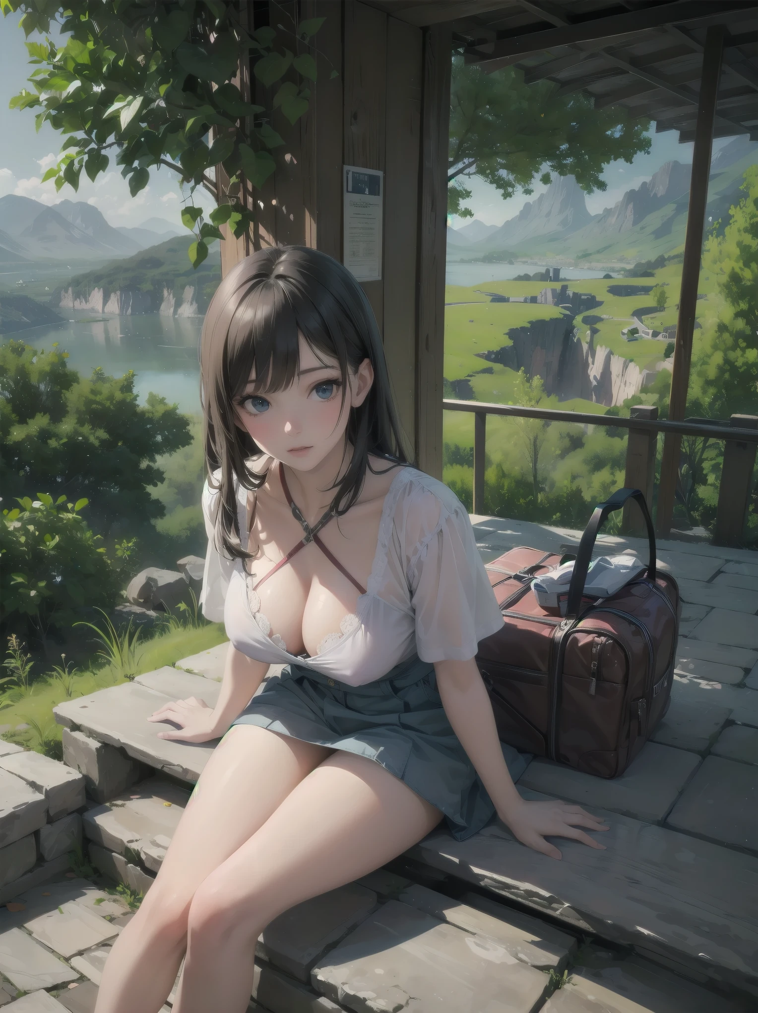 Super detailed illustrations , finely, quality, (masterpiece:1.2) , (photo realistic:1.2) , (best quality) , (fine skin:1.3) , (intricate details) , ray tracing, dramatic, pretty girl, A brave traveler was navigating a winding mountain road., She marveled at the breathtaking views of the valley below..