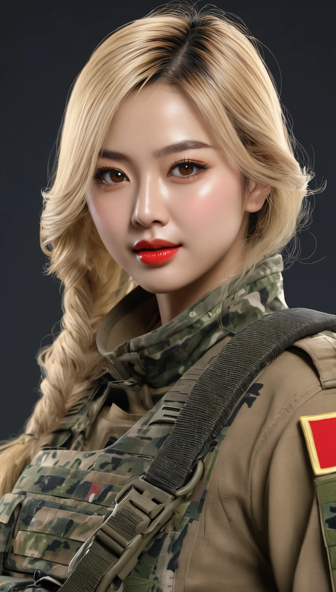 (((hyper real)))、超未来的なfemale soldier、陸軍female soldier、Beautiful woman　High level image quality　High resolution　realistic　blonde woman、mature woman、((big big tits))、Fine skin texture、超High resolution、realistic、plump body shape、smile、中年Beautiful woman、beautiful expression 、fine brown eyes、fluffy long hair、非常に繊細でFine skin texture、３５Army soldier woman、(Very futuristic huge computer room)、female soldier、big cleavage、bright red lips、(Wearing combat uniform)、