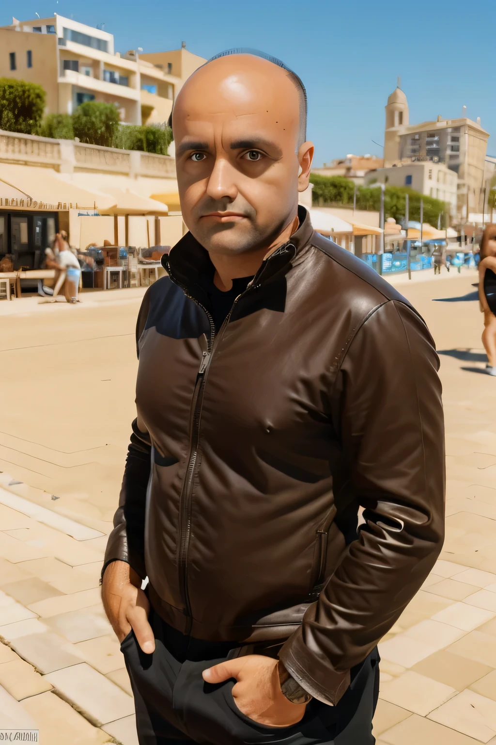 a 40 year old man,brown eyes,brown hair,little hair,almost bald,super detailed and professional photo,seafront in Marseille,Lamborgini,next to it,ultra realistic photo,4k