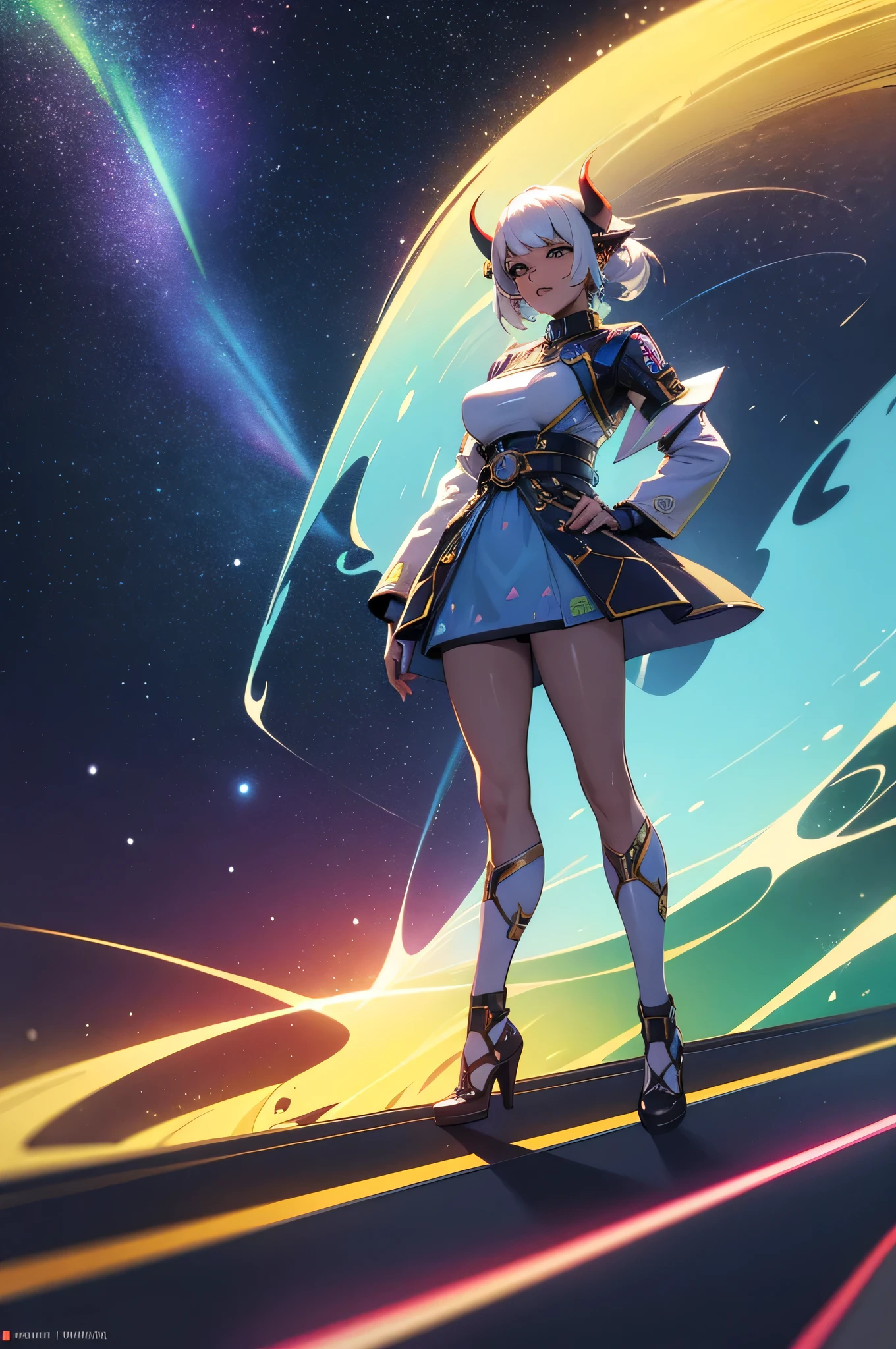 draw a hyper realistic, female, confidence, white hair, gold necklace, psychedelic belt, aesthetic cosmic sparklygreen dress, white holographic horns, psychedelic runway model, sexy, psychedelic futuristic model, hyper realistic, cute, Japanese goddess, ultra sexy, beautiful, ultra futuristic ocean background night, ultra realistic night ocean background, hyper detailed background, starry sky, futuristic ocean night, futuristic, Ganesh, colorful dimethyltryptamine entities, futuristic beach night, macrocosmic, hyper detailed ocean background, beautiful auroras, ultra hyper justice, meteor showers, psychedelic stellar explosions, psychedelic dream, super psychedelic, ultra dreamy, psychedelic fantasy, endless white macrocosmic galaxies, psychedelic sky, colorful psilocybin, intense dimethyltryptamine, tetrahydrocannabinol, psychedelic swirls, dimethyltryptamine nebulae, SMBH, psychedelic citadel, lysergic acid diethylamide, psychedelic futurism, hyper detailed, dimethyltryptamine goddess, cow god, hyper futuristic, detailed illustration 4k, confident full body dynamic pose, fantasy, volumetric lighting, soft natural lighting, depth of field, cg rendering, bokeh, automotive photography rolling shot, fashion photography, Pulitzer prize winning photography,