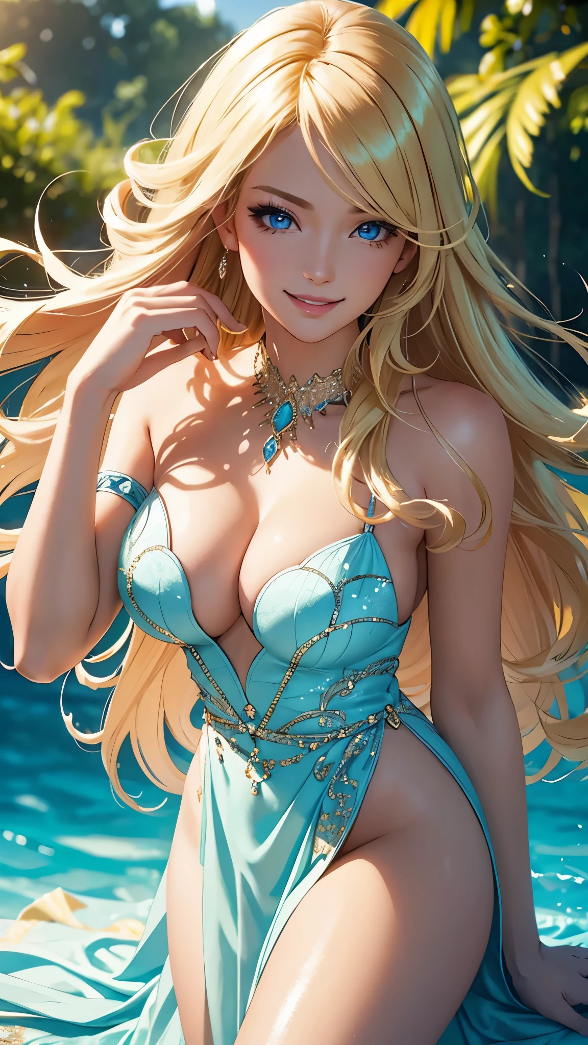 (best quality,ultra-detailed,photo-realistic:1.37),bright and vibrant colors,studio lighting,playful expression,stylish makeup,long blonde hair flowing in the wind,alluring eyes,glossy lips,sexy pose, Cocktail Dress, smiling in a confident and seductive way,posing for a professional photoshoot,shallow depth of field,highlighting the main subject,soft natural lighting,creating a dreamy and magical atmosphere.