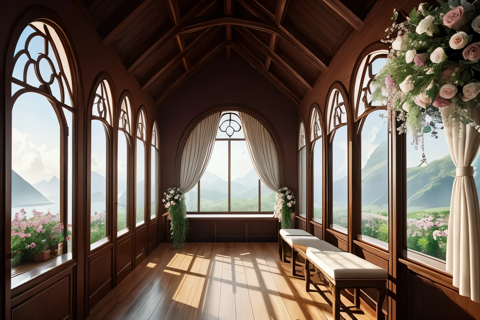 There is a room with a window and a bench filled with flowers, Unreal Engine ; romantic theme, dreamy atmosphere and drama, Atmospheric and beautiful details, floral environment, romantic greenery, Stunning mystery background, dreamy atmosphere, romantic atmosphere, beautiful curtains, style, 浪漫style, white arch, 巴洛克style背景, Dream scene