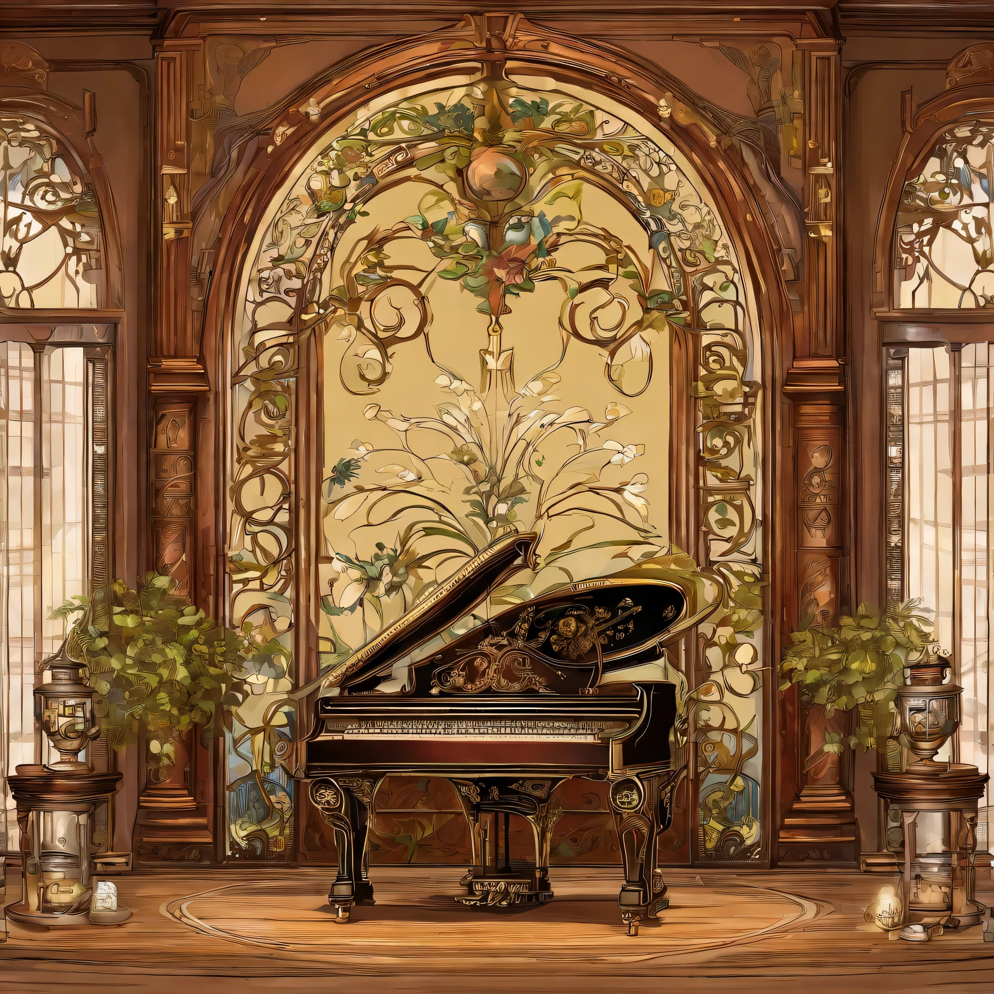 there is a piano and some fruit on a table, the grand steampunk piano, grand piano, piano in the background, full piano, piano, pianos, musical organ, victorian setting, 8k high quality detailed art, elegant and ornate, victorian style, glorious composition, baroque digital painting, highly ornate, masterful composition!!!, real pianos, masterpiece intricate elegant, antique