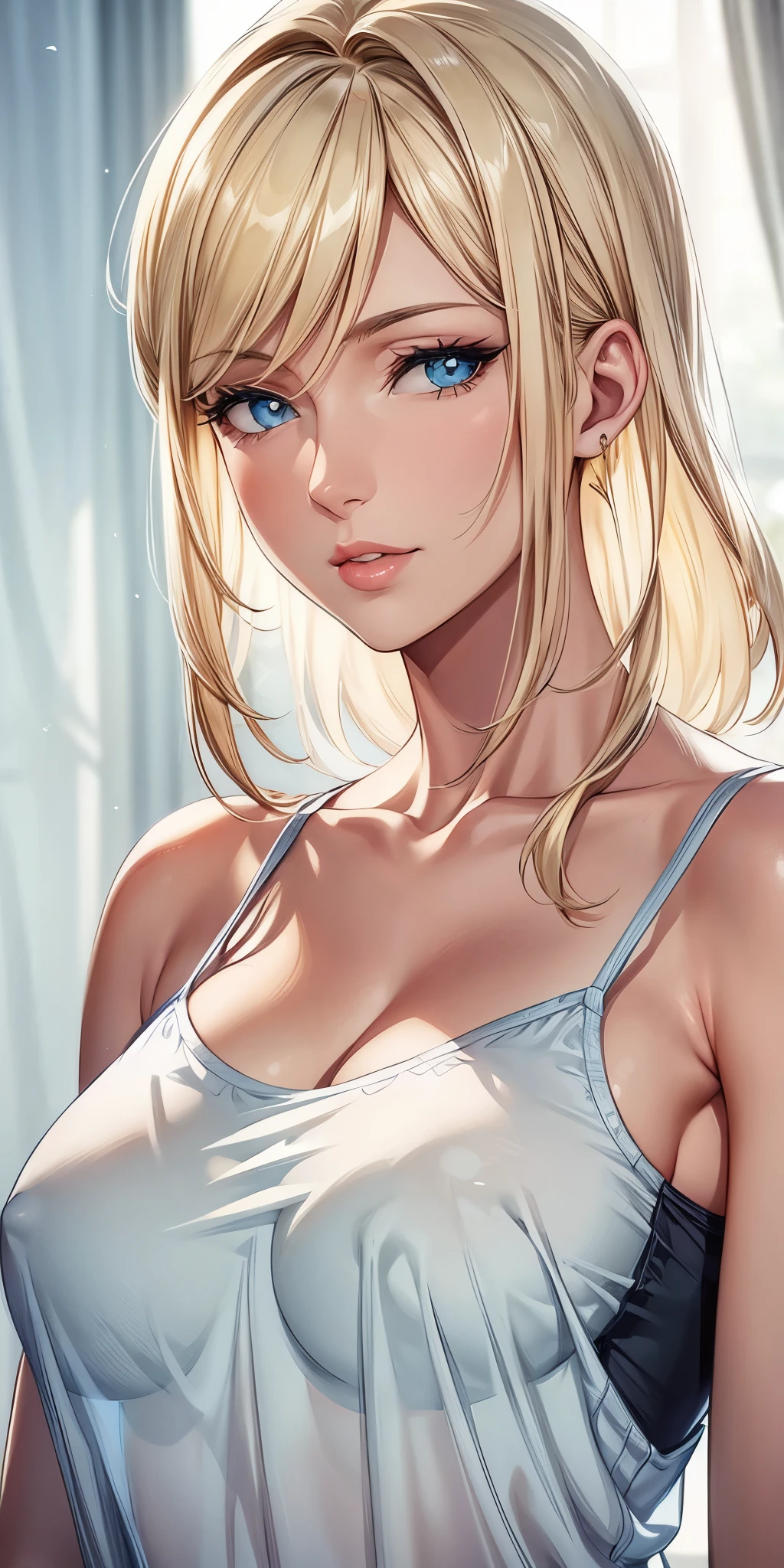 portrait, elegant mature woman, blue eyes, blonde hair, big breast, transparent camisole, see through nipple, ultra detailed cg 8k, beautiful cg, soft light