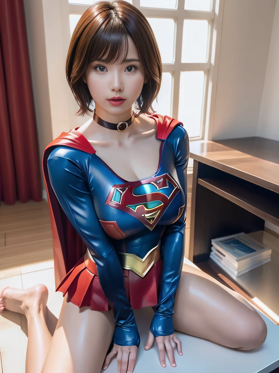 masterpiece、supergirl costume、short hair、barefoot、big and full breasts、Examination room、Straddling the examination table、sexy pose、athlete、shiny、looking at camera、Seduce、choker、long sleeve、red mini skirt、Weekly magazine cover、