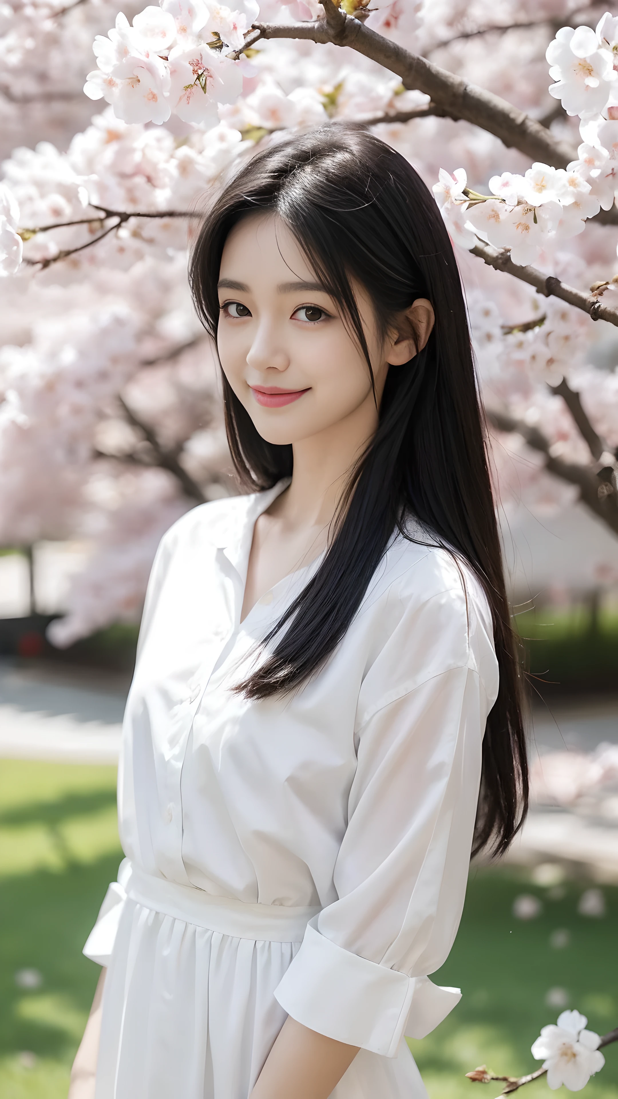 one,Standing under the cherry blossom tree,fair,charming,black hair,long hair,White shirt,White dog painted on shirt,white dress,big eyes,small nose,a happy expression,Put your hands behind your back,focus on face,Close-up of the shot,daytime,sun,garden,