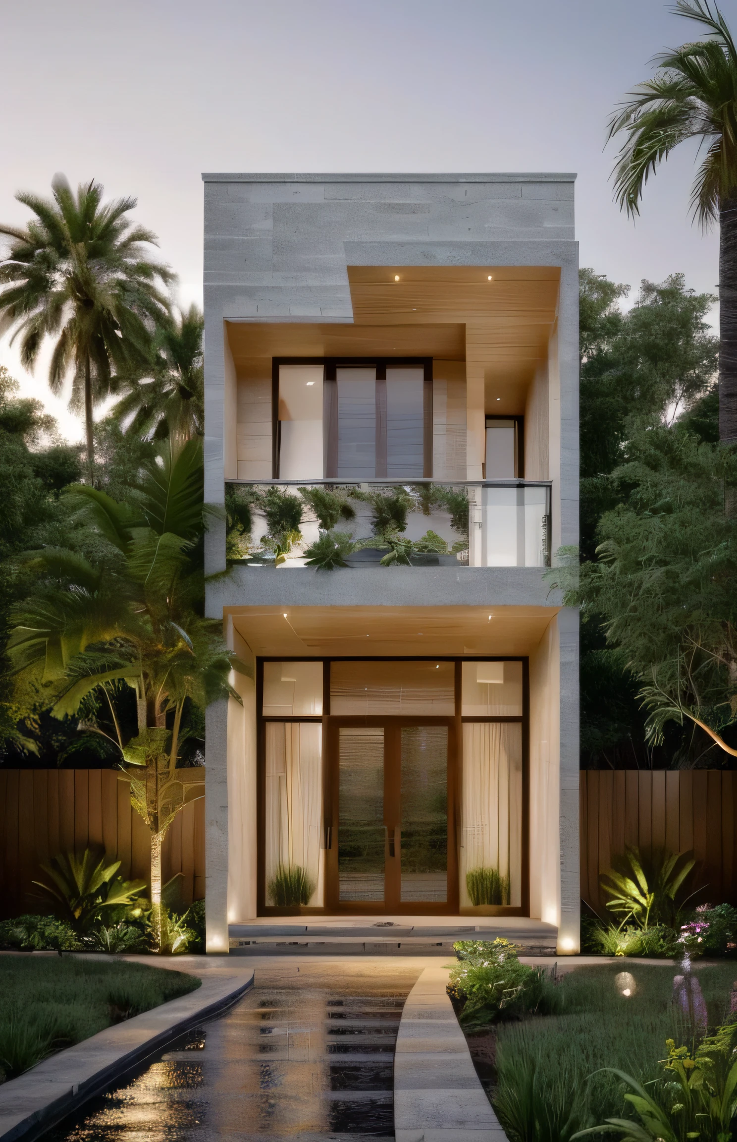 (masterpiece),(high quality), best quality, real,(realistic), super detailed,(full detail),(4k),8k,modern house exterior design,Modern architecture,Wood house Style,Beautiful_sky,sunrise_light,(gentle light),((no_strong_contrast)), no_humans, outdoors,sky,((Tropical_trees)),Japan garden,Coconut_trees,Palm trees,Garden_flower_front_of_building,(strong interior light),