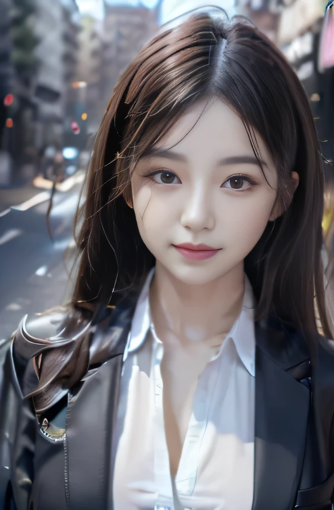 (8K, highest quality, masterpiece: 1.2),asian beauty, highest quality, realistic, Super detailed, finely, High resolution, 8k wallpaper, 1 beautiful woman, black hair, wearing a business suit, sharp focus, perfect dynamic composition, narrow eyes, finelyて美しい目, thin hair, Detailed and realistic skin texture, smile, close-up portrait, model body shape
