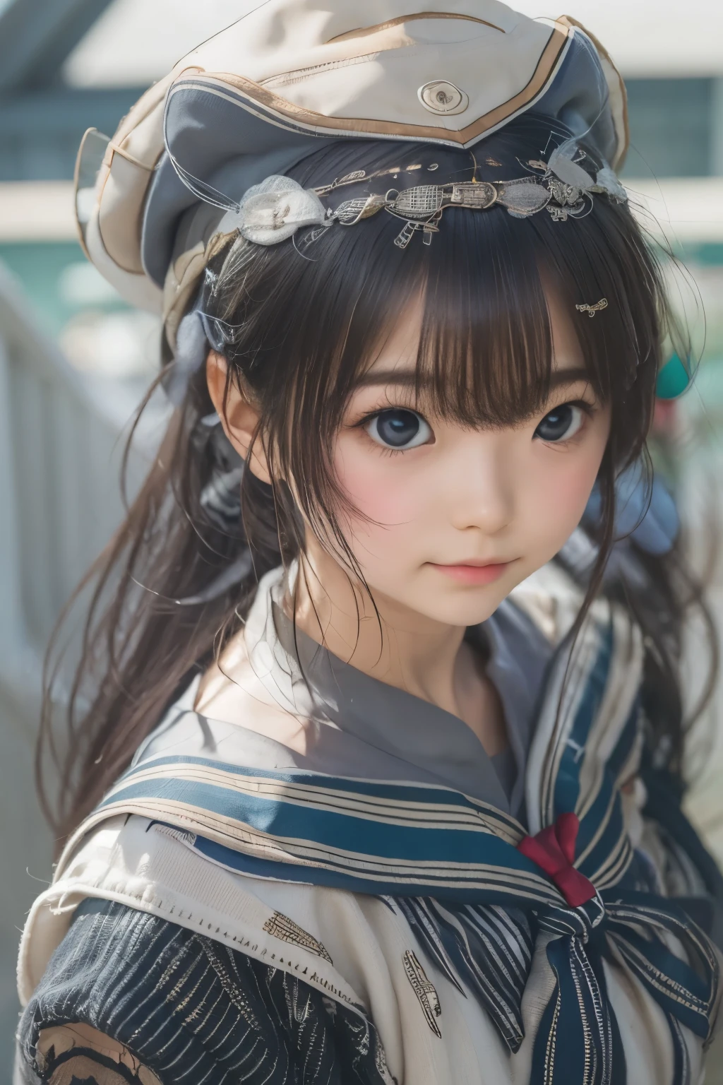 Best image quality, Focus, Soft light, Black hair, (Japanese)), (((Front, 18 years old))), (Depth of field), Ultra high resolution, (Real: 1.4), RAW photo, (( , sailor suit))