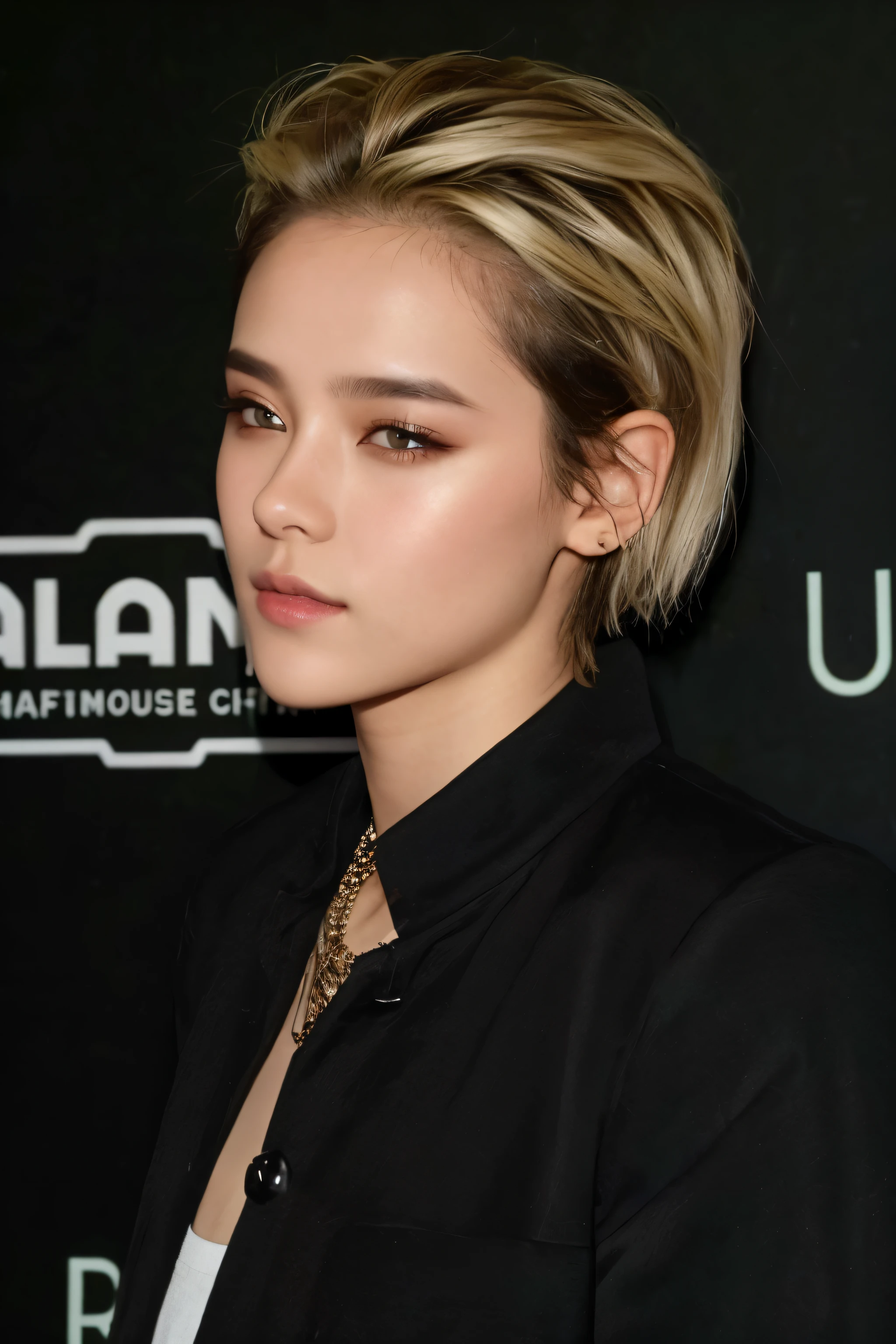 um close up de uma mulher com um corte de cabelo curto e uma camisa preta, Asian girl, short hair combed back, cabelo curto platinado moleca, taken at the beginning of 2020, androgynous face, pixie penteado cortado, amber ear, fumegante, penteado cortado, very short hair combed back, com cabelo curto