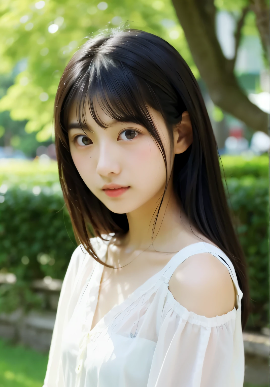 Japanese、20-year-old、black hair、long hair、cute、delicate in every detail、high resolution、Tree eyes、front、whole body、summer、Slender、Wonebees