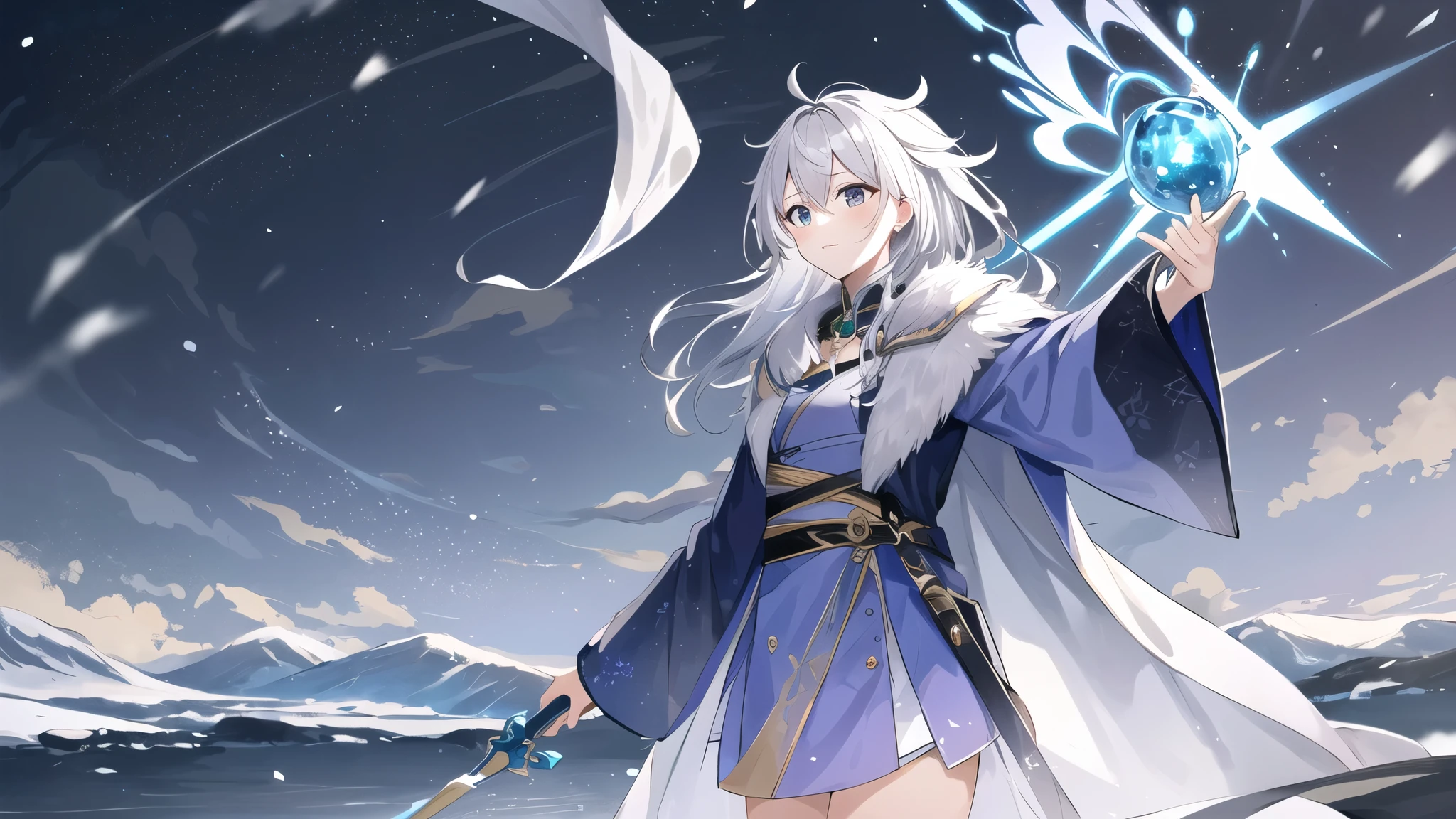 Color fantasystyle frost witch,Wearing a gorgeous robe woven from ice and snow,A head of silver-white hair fluttering in the cold wind,Wearing a purple robe,Holding an emerald scepter in hand,Random pose