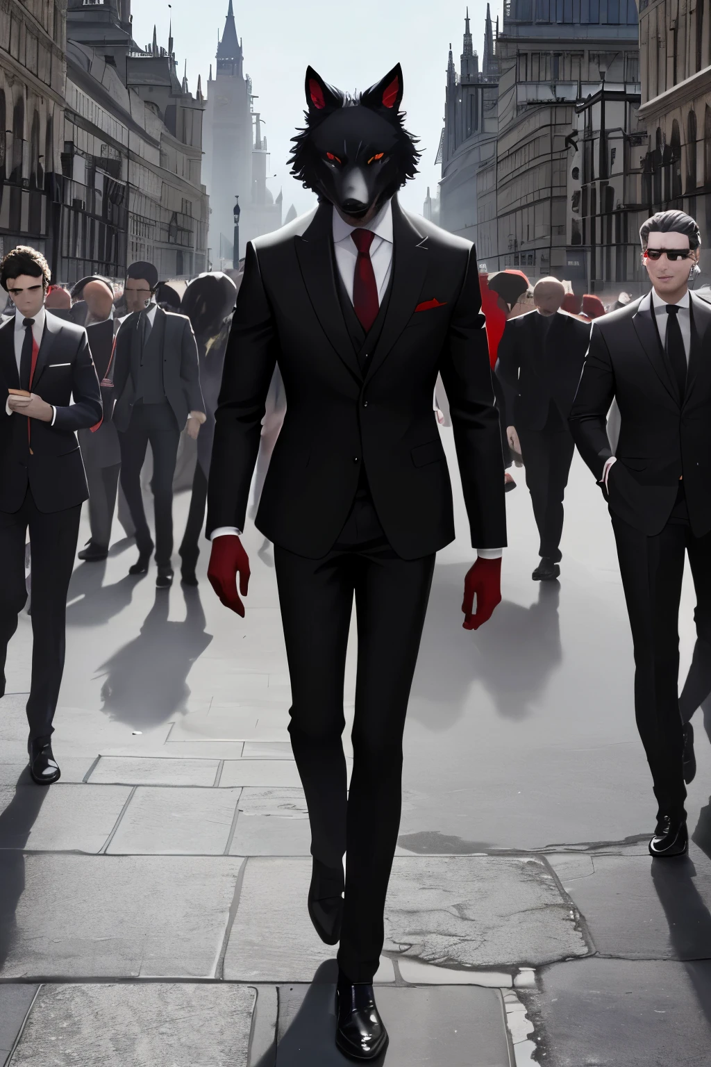 Create a Black Wolf with red eyes, wearing a black suit with a human-like physical appearance, strolling near the Big Ben in London during the day. The image style should be realistic. --s2

As the sun bathed London in its golden light, a peculiar figure could be seen near the iconic Big Ben. It was a Black Wolf, but unlike any other, it donned a black suit, blending in with the bustling city crowds. Its eyes, however, were a striking contrast – bold and fiery red. The wolf moved with a human-like gait, its paws replaced by polished leather shoes. The image captures the moment in exquisite detail, reflecting the realistic style