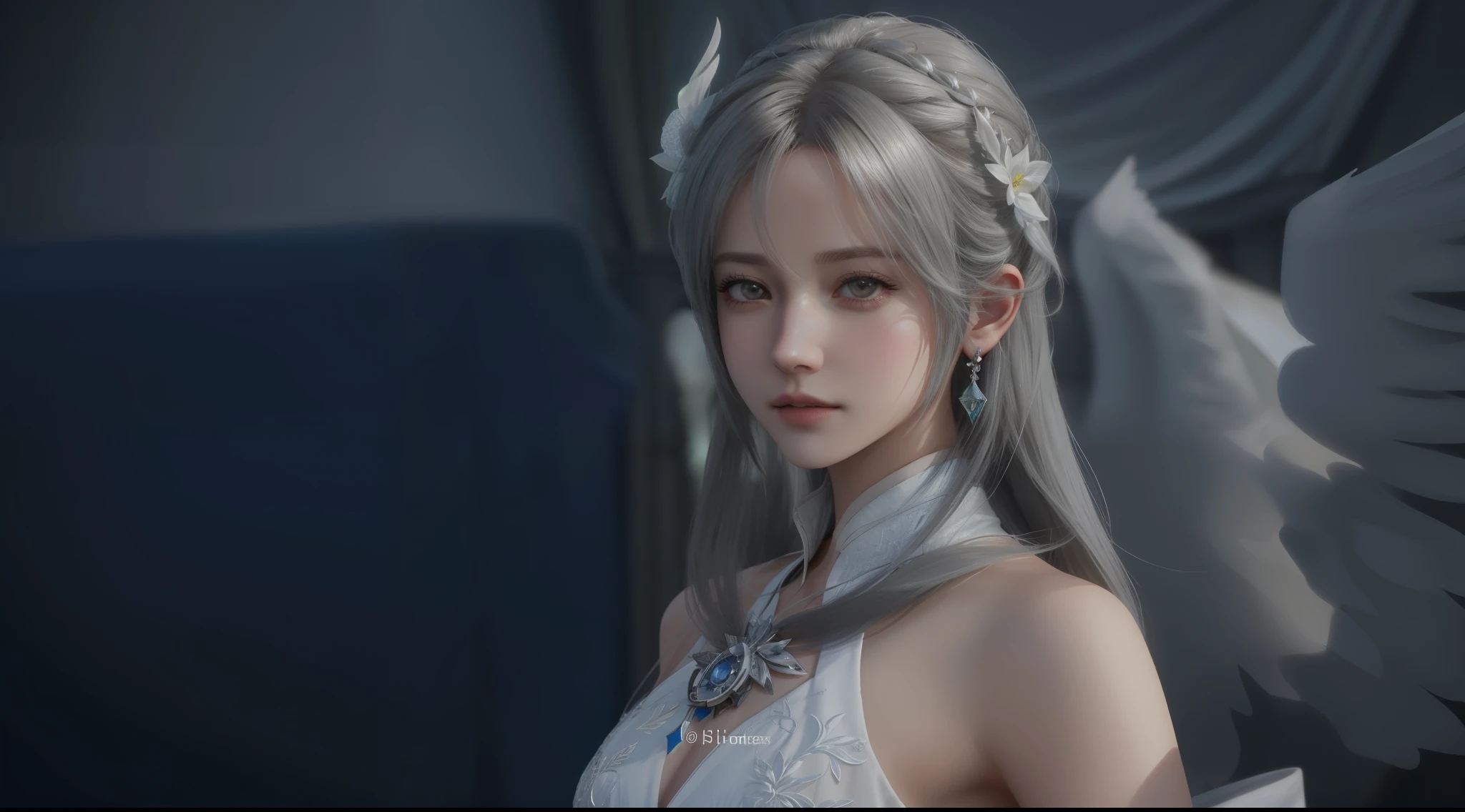 un gros plan d'une femme avec une robe blanche et des ailes, lineage revolution style 2, 8,000 character details, portrait chevaliers de fille du zodiaque, style final fantasy 14, Highly Detailed 8k Face, personnage de Final Fantasy, close up of cinematic goddess, Tifa Lockhart aux cheveux blancs, Rendu portrait 8k, cinématique des porteurs d'ombres, de Final Fantasy, female character