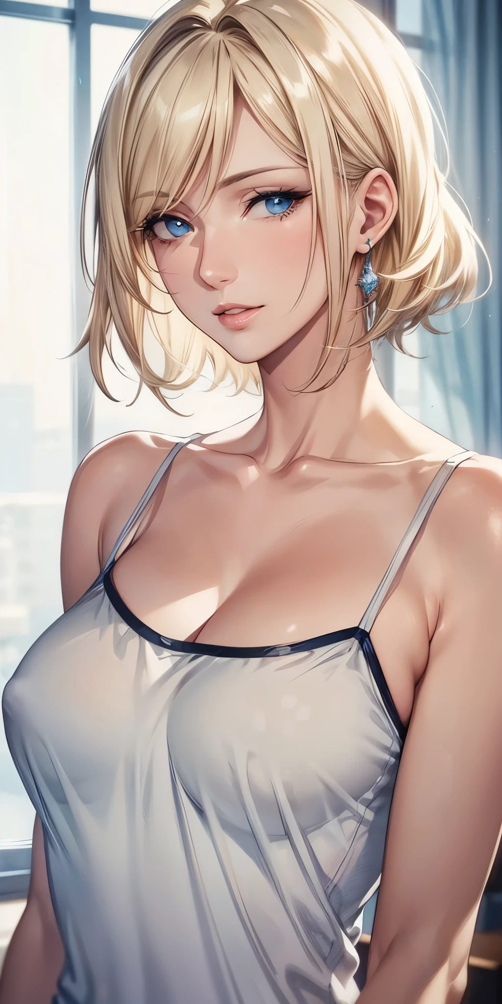 portrait, elegant mature woman, blue eyes, blonde hair, big breast, transparent camisole, see through nipple, ultra detailed cg 8k, beautiful cg, soft light