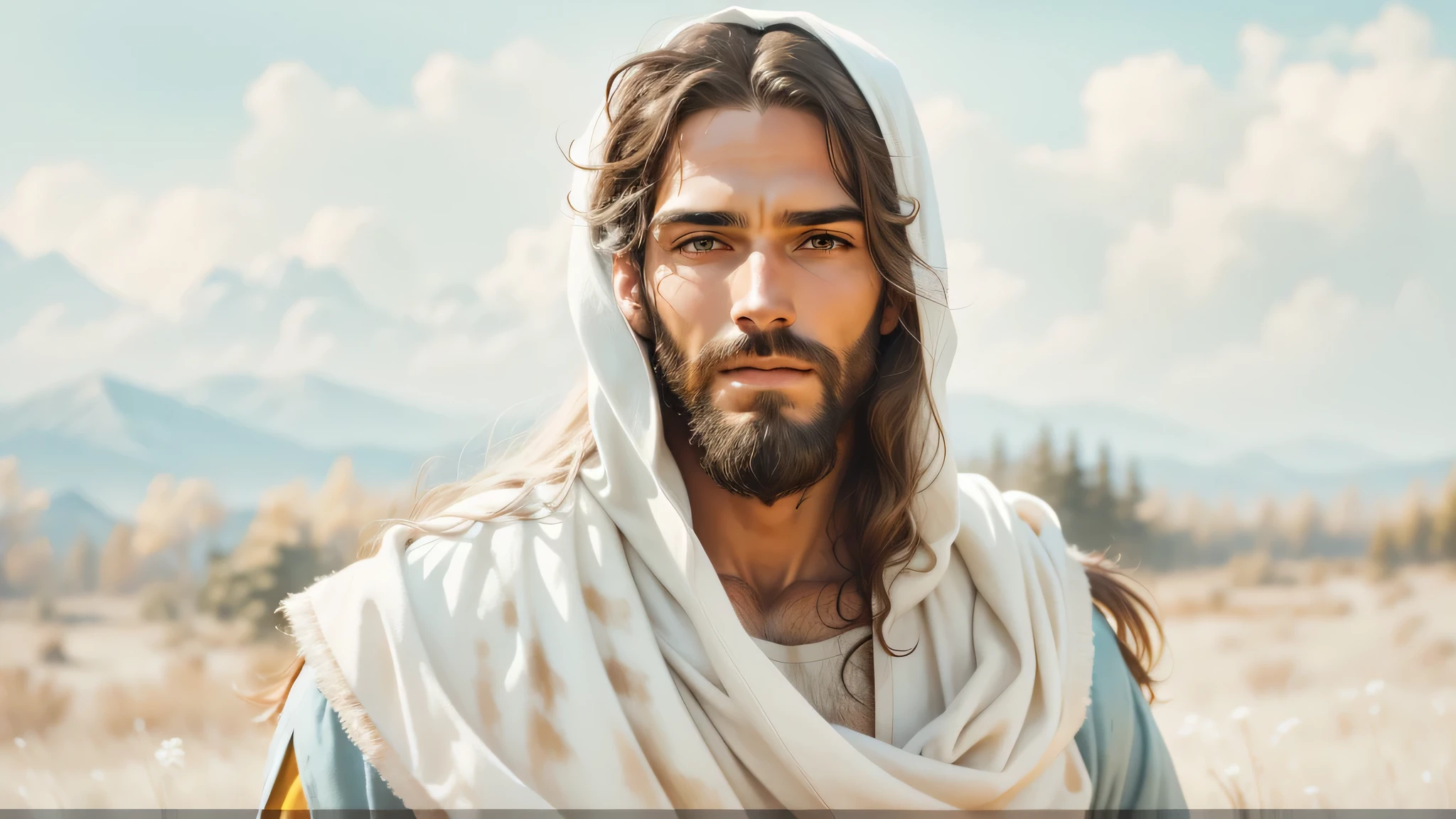 jesus with a beard and a white robe standing in a field, portrait of jesus christ, jesus christ, jesus of nazareth, jesus face, jesus, dressed like jesus christ, greg olsen, the lord and savior, handsome stunning realistic, beautiful man, digitally painted, handsome man, he is greeting you warmly, wonderful, airbrush digital oil painting, young almighty god