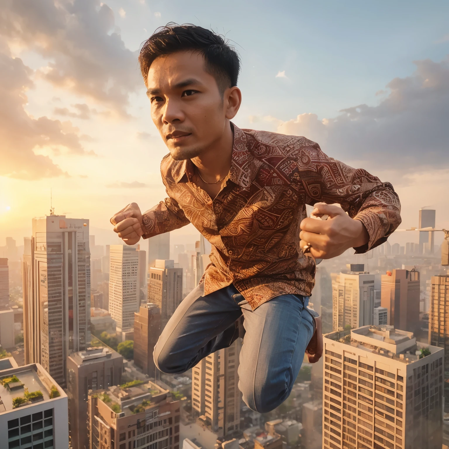 35 years old Indonesian man, short thin hair, wearing short Indonesian batik shirt like an office person, expression of wow spirit, is jumping on the spot while raising both hands and clenching his hands like excited on the rooftop of a tall office building, morning weather with morning sunrise sun background, realistic, cinematic, hd, natural light