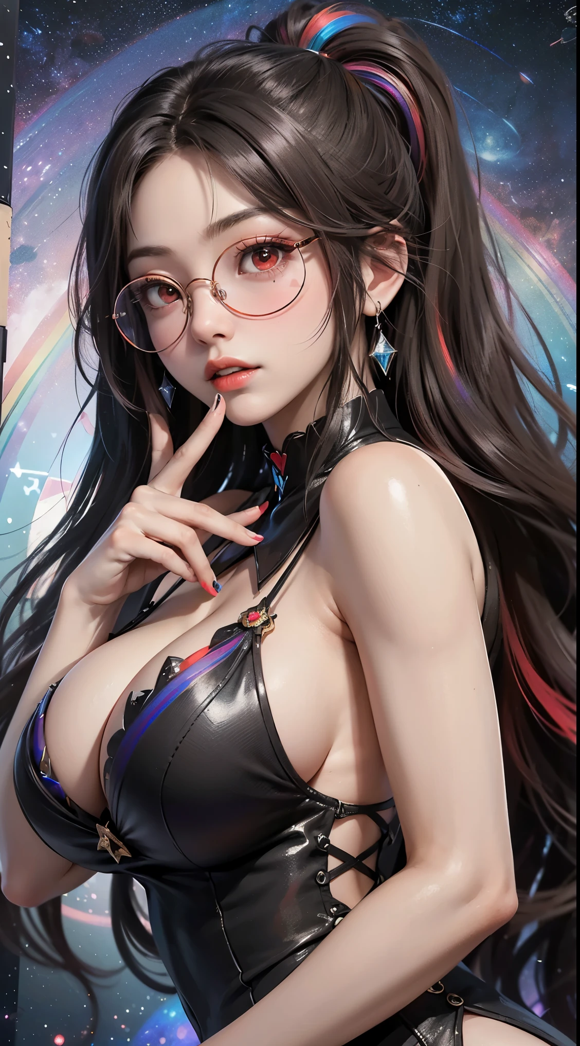 1名 27歳 woman, got it、(best illustration)、8K UHD resolution、intricate details、最high quality、realistic、Super detailed、best writing、best shadow、soft lighting、ultra hd、dungeon and Dragon、cave、dungeon、 necromancer、night、dark style、Succubus、devil'Daughter of、bat wings,(((デーモンホーンラック縁round glasses))))、(((big breasts)))、(devil'tail)、(red eyes shine:1.6)、masterpiece、beautiful features、Tyndall effect、realisticphotograph、(high detail skin:1.2)、8KUHD、Digital single-lens reflex camera、high quality、photograph、High resolution、 absurd、Ponytail distortion、Optimal ratio of 4 fingers and 1 thumb、1 girl、hair ornaments、真っ赤に輝くgemのネックレス、gem、beautiful expression、body up、big breasts emphasis、tight waist、wide ass、Tyndall effect、Photoreal、(high detail skin:1.2)、dark and mysterious version, lipstick red lips, thin and beautiful lips, Don'Don'Don'don't laugh, please keep your mouth shut, Characters created by Karol Baku and Pino Denis, intricate details, detailed background, very detailed, magic of light, woman, cute face, ((((giant glasses, otaku glasses, thick glasses, round glasses))))、 looking at the Upper body of the goddess , round chest, big and round chest, phoenix hair brooch, long hair with bangs, (Long hair has seven colors like a rainbow:1.9), Beautifully detailed face and well-proportioned eyes, (Crystal clear red eyes: 1.8), Big round eyes and very beautiful and detailed makeup, Visionary, long silk nightgowns, mysterious makeup, ブresponseレット, I dyed the side bangs light yellow...., Upper body, (goddess Upper body: 1.8), hanging arms, リアルで鮮やかなphotograph, (stars that make up : 1.7), ( Space-time portal of sky and imagination: 1.8), fiction art, RAWphotograph,黒い着物のphotograph, 最高のphotograph , expensive_response, 最high quality, 最高のphotograph, 8K quality, 8k ultra , surrealism, 最も経済的な本物のphotograph, Artistic portrait of 12 signs, Symbol of one of the 12 signs on the reverse side, 12 Portrait of the Goddess, 最もrealistic配色, 最高のphotograph color, masterpiece, hair ornaments, ネックresponse, jewelry, beautiful face, Upper body, Tyndall effect, photographのようにリアルな, Dark studio, border light, two tone light, (fine skin) expensive: 1.2), 8K UHD, Digital single-lens reflex camera, soft light, expensive quality, volume light, Frank, photograph, expensive responseolution, 4K quality, 8K, Bokeh, smooth and sharp, 10x more pixels, Charming goddess, sexy goddess, (background space: 1.8), (milky way: 1.7), aurora, lightning, (auroraの背景: 1.8) <roller:crazy_perfect eyes_V1_from_V1_, beautiful goddess and flowers,