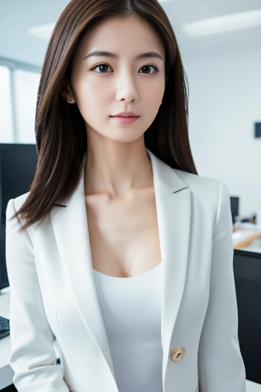 masterpiece, highest quality, Photoreal, Super detailed, finely, High resolution, 8k wallpaper, Professional, Advanced level of detail, 1 girl, thin japanese woman, ((facing the front)), detailed clavicle, perfect face, straight hair, (look straight at the camera)white skirt and white blazer、Full body shot posing in office area
