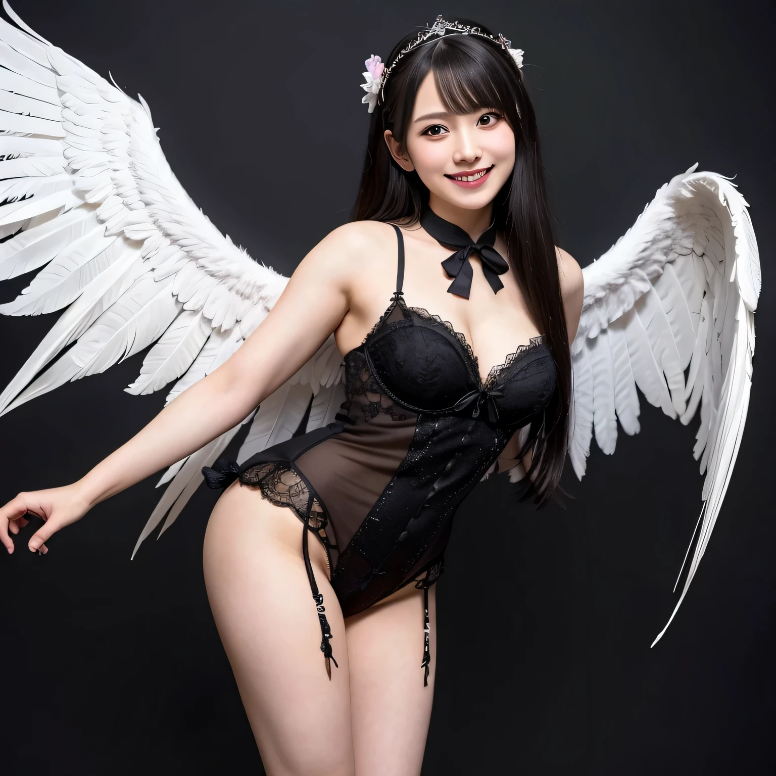 (8K, Raw photo, highest quality, masterpiece: 1.2), (realistic, photorealistic: 1.37), Super detailed, ultra high resolution, girl 1, , Beautiful and dense face, smile, teeth, (feather cut: 0.6), gothic lolita clothing, panties, professional lighting, kabukicho、night、full body photo, neat、Full body Esbian、white thin socks、Floral、Large angel wings grow from his back..、white feather、Feathers shine、Fluttering feathers、fantasy background、city