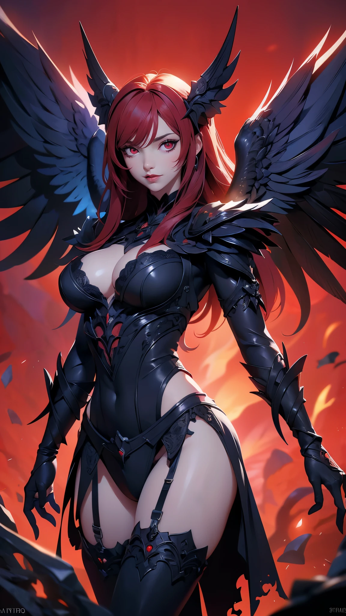Demonic looking creature with glowing eyes and red background., Arte digital 4k muy detallado, motor irreal 5 arte digital, Arte conceptual de 8k de alto detalle, Arte digital detallado 4k, d&D tendencias en ArtStation, 4K fantasy art, unreal engine fantasy art, Art of Unreal Engine 5, arte conceptual de renderizado de motor irreal, motor irrealpintura digital, (mostrando panties lingerie:1.4), (ojos hermosos rojos:1.4), ( tiene alas de cuervo grandes:1.4), (pose vaquero), (fondo caverna piedras grandes :1.4) 