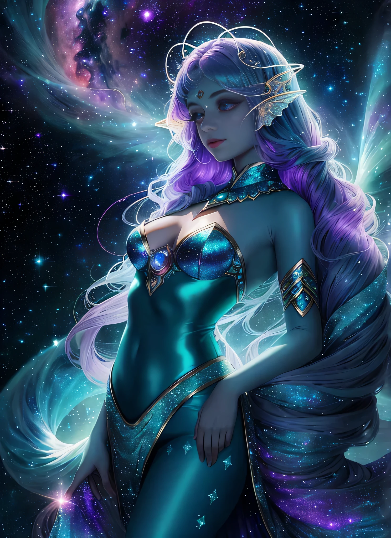 In the depths of the interstellar sea, where galaxies dance and nebulas shimmer, there exists a celestial being unlike any other – a space mermaid of ethereal beauty and boundless curiosity. With skin as rich and deep as the most vibrant amethyst, she glides gracefully through the cosmic currents, her three eyes sparkling with the wisdom of ages unknown.

Her tail, a mesmerizing fusion of blues, teals, and greens, trails behind her like a comet's tail, leaving trails of stardust in its wake. Each strand of her hair mirrors the colors of her tail, flowing freely in the weightlessness of space, catching the light of distant stars as she navigates her celestial domain.

But what truly sets her apart are her antennae – delicate tendrils reaching out into the vast expanse, attuned to the subtle energies that pulse through the universe. With these antennae, she senses the ebb and flow of cosmic forces, guiding her through the mysteries of the cosmos with an intuition as ancient as the stars themselves.

In the resplendent glow of her third eye, she sees beyond the veil of time and space, glimpsing the secrets hidden in the fabric of reality. It is through this eye that she seeks to understand the universe and her place within it, forever drifting on the currents of infinity, a celestial guardian of the cosmic depths.goddess of galaxies, mermaid, mermaid body, galactic sized goddess, alien princess, celestial goddess, lunar goddess, iridescent scales on her body, she has iridescent membranes, [[fantasy]] have purple skin and have 3 eyes , she a alien with antennae. , she a space mermaid , in 8k purple skin 