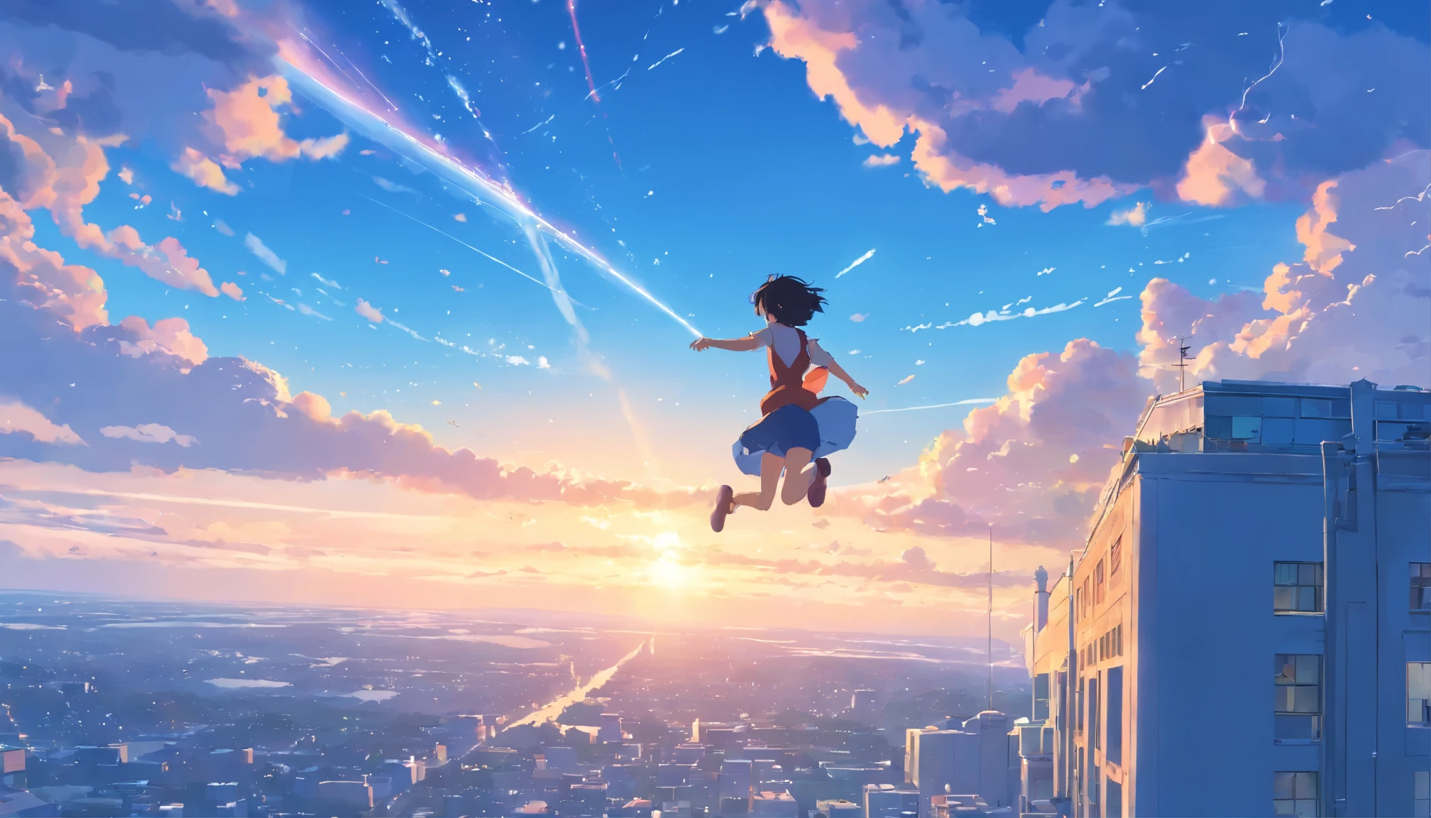Girl falls from sky, beautiful skies