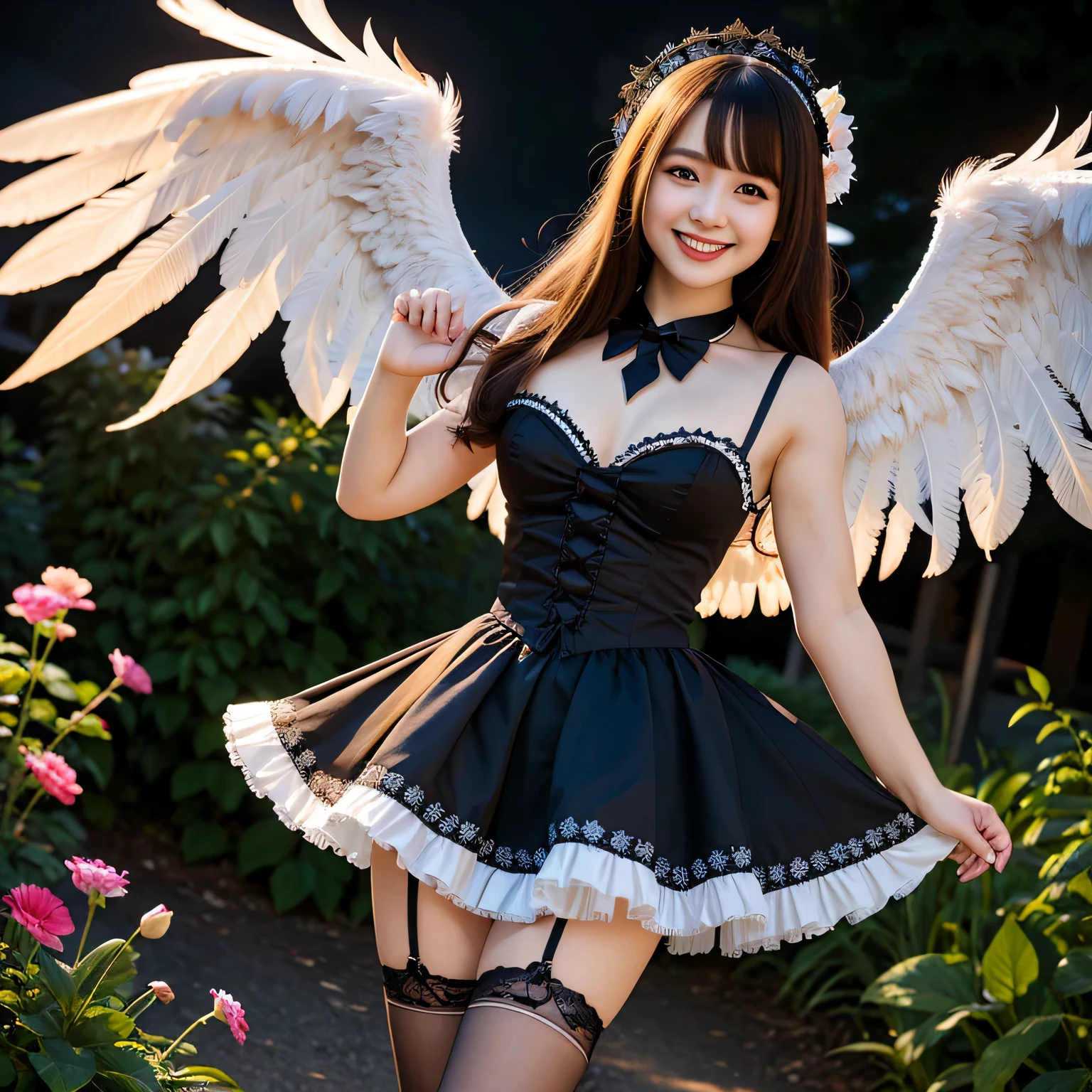 (8K, Raw photo, highest quality, masterpiece: 1.2), (realistic, photorealistic: 1.37), Super detailed, ultra high resolution, girl 1, , Beautiful and dense face, smile, teeth, (feather cut: 0.6), gothic ta clothing, panties, professional lighting, garden、night、full body photo, neat、Full body Esbian、white thin socks、Floral、Large angel wings grow from his back..、white feather、Feathers shine、Fluttering feathers、