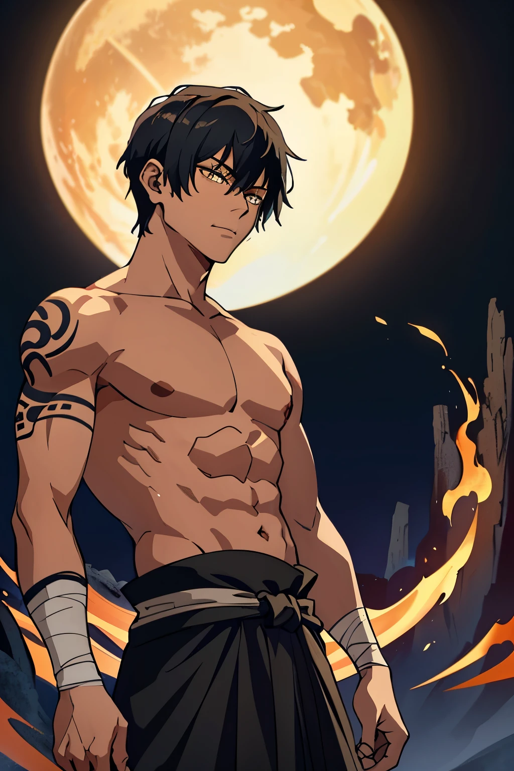 (high-quality, breathtaking),(expressive eyes, perfect face) 1boy, male, solo, young adult, black hair, yellow eyes, (short spiky hairstyles) short hair length, (dark skin), soft serious expression, Monk profession, martial artist, well built body, pants, knuckle bandages, environment background, fantasy clothing, fantasy attire, DnD Monk Class, oriental monk, half body, ancient Chinese swordsman hanfu, body tattoos, tribal body art, wuxia, black and gold clothing palette, ((tan skin color)), monk, bandage wrapped forearms, fantasy, (Dragon tattoo), (big Stigmata), character focus, ((black light)),((dark lighting)), cinematic lighting ,(darkness), (concept art), (glowing eyes), high resolution, extremely detailed CG unity 8k wallpaper, ((masterpiece)), ((top-quality)), (beautiful illustration), ((an extremely delicate and beautiful)), (masterpiece, Best quality, ultra high resolution), glowing yellow eyes, Luminous_eyes, ultra detailed eyes, Beautiful and detailed face, detailed eyes, (Centered, torso), (wide shot:0.9), facing the viewer, Eye level, (1 small black horn on top of head), white Chinese dragon in the background 
