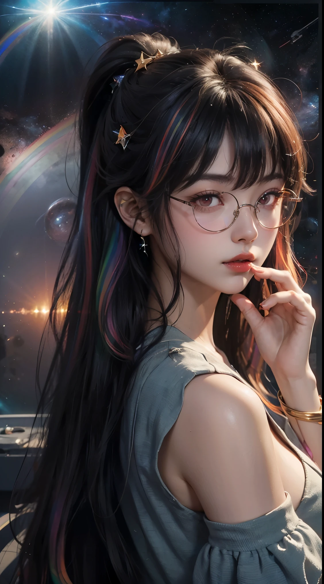 1名 27歳 woman, got it、(best illustrations)、8k UHD resolution、intricate details、最high quality、realistic、Super detailed、best lighting、best shadow、soft lighting、ultra hd、dungeon and Dragon、cave、dungeon、 necromancer、night、dark style、Succubus、devil&#39;Daughter of、bat wings，(((デーモンホーンラック縁round glasses))))、(((big breasts)))、(devil&#39;Tail)、(red eyes shine:1.6)、masterpiece、beautiful features、Tyndall effect、realisticphotograph、(high detail skin:1.2)、8KUHD、Digital single-lens reflex camera、high quality、photograph、High resolution、 absurd、Ponytail distortion、Optimal ratio of 4 fingers and 1 thumb、1 girl、hair ornaments、真っ赤に輝くgemのネックレス、gem、beautiful expression、body up、big breasts emphasis、tight waist、wide ass、Tyndall effect、Photoreal、(high detail skin:1.2)、dark and mysterious version, lipstick red lips, thin and beautiful lips, Don&#39;don&#39;t laugh, please keep your mouth shut, Characters created by Karol Baku and Pino Denis, intricate details, detailed background, very detailed, magic of light, woman, cute face, ((((giant glasses, otaku glasses, thick glasses, round glasses))))、 looking at the Upper body of the goddess , round chest, big and round chest, phoenix hair brooch, long hair with bangs, (Long hair has seven colors like a rainbow:1.9), Beautifully detailed face and well-proportioned eyes, (clear red eyes: 1.8), Big round eyes and very beautiful and detailed makeup, Visionary, long silk nightgowns, mysterious makeup, ブresponseレット, I dyed my side bangs light yellow.., Upper body, (goddess Upper body: 1.8), hanging arms, リアルで鮮やかなphotograph, (stars that make up : 1.7), ( Sky and imaginary space-time portal: 1.8), fiction art, RAWphotograph,黒い着物のphotograph, 最高のphotograph , expensive_response, 最high quality, 最高のphotograph, 8K quality, 8K Ultra , surrealism, 最も経済的な本物のphotograph, Artistic portrait of 12 signs, Symbol of one of the 12 signs on the back, 12 Single Portrait of the Goddess, 最もrealistic配色, 最高のphotograph color, masterpiece, hair ornaments, ネックresponse, jewelry, beautiful face, Upper body, Tyndall effect, photographのようにリアルな, Dark studio, border light, two tone light, (fine skin) expensive: 1.2), 8k UHD, Digital single-lens reflex camera, soft light, expensive quality, volume light, Frank, photograph, expensive responseolution, 4K quality, 8k, Bokeh, smooth and sharp, 10x more pixels, Charming goddess, sexy goddess, (background space: 1.8), (milky way: 1.7), aurora, lightning, (auroraの背景: 1.8) <roller:crazy_perfect eyes_v1_from_v1_, beautiful goddess and flowers,
