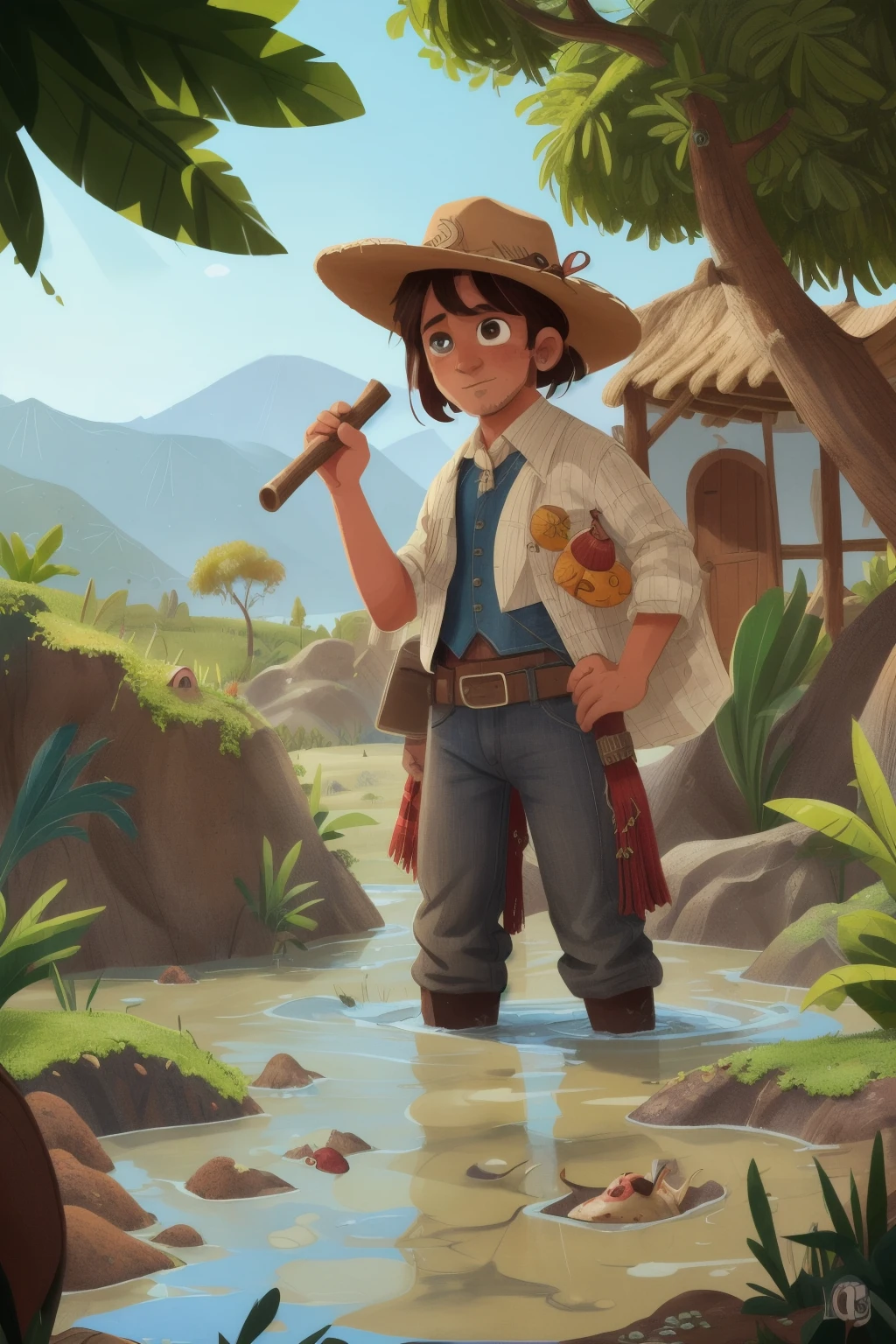 Un rancho sin agua con dos cerditos con traje de vaquero haciendo un trato