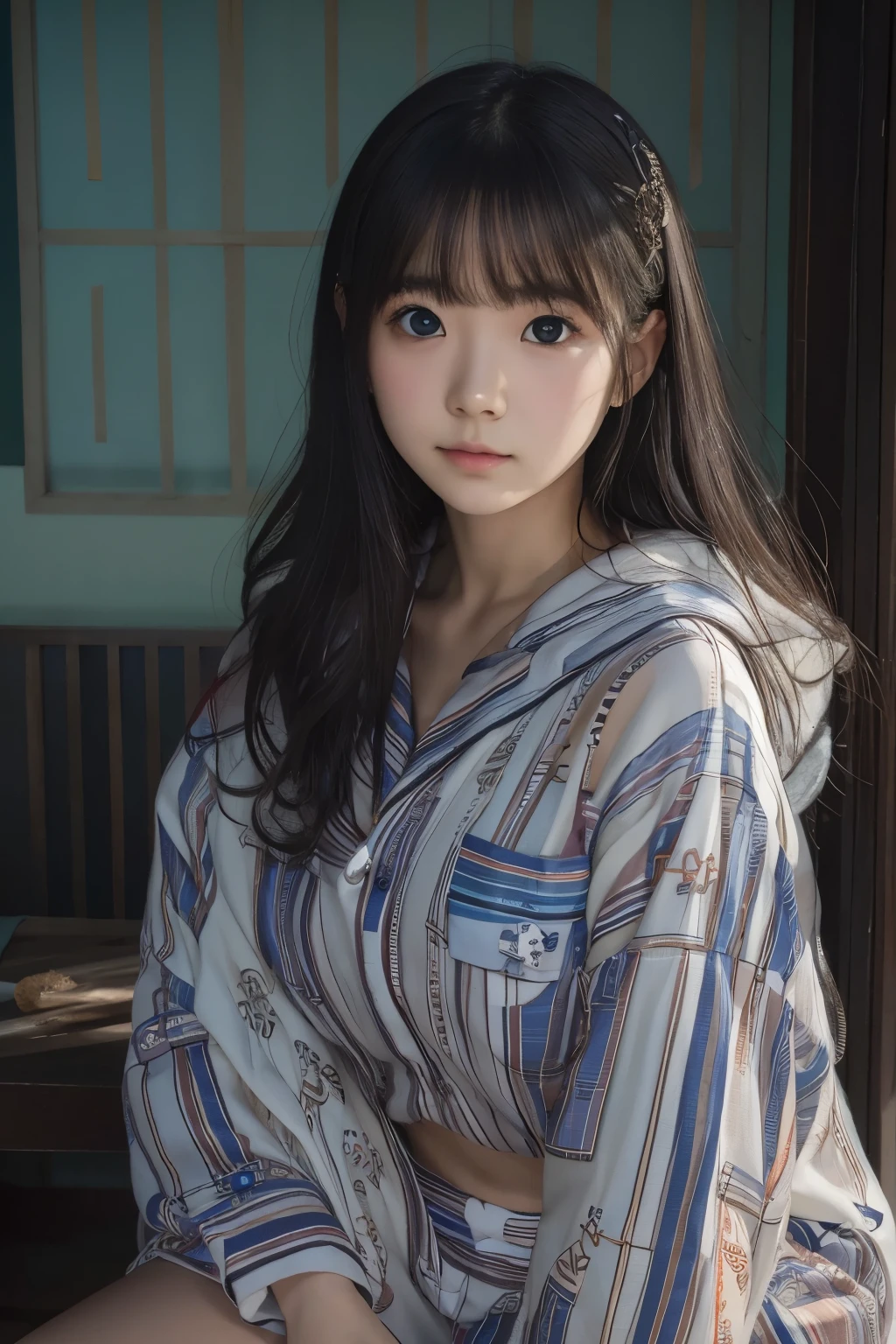 Best image quality, Focus, Soft light, Black hair, (Japanese)), (((Front, 18 years old))), (Depth of field), Ultra high resolution, (Real: 1.4), RAW photo, ((pajamas))