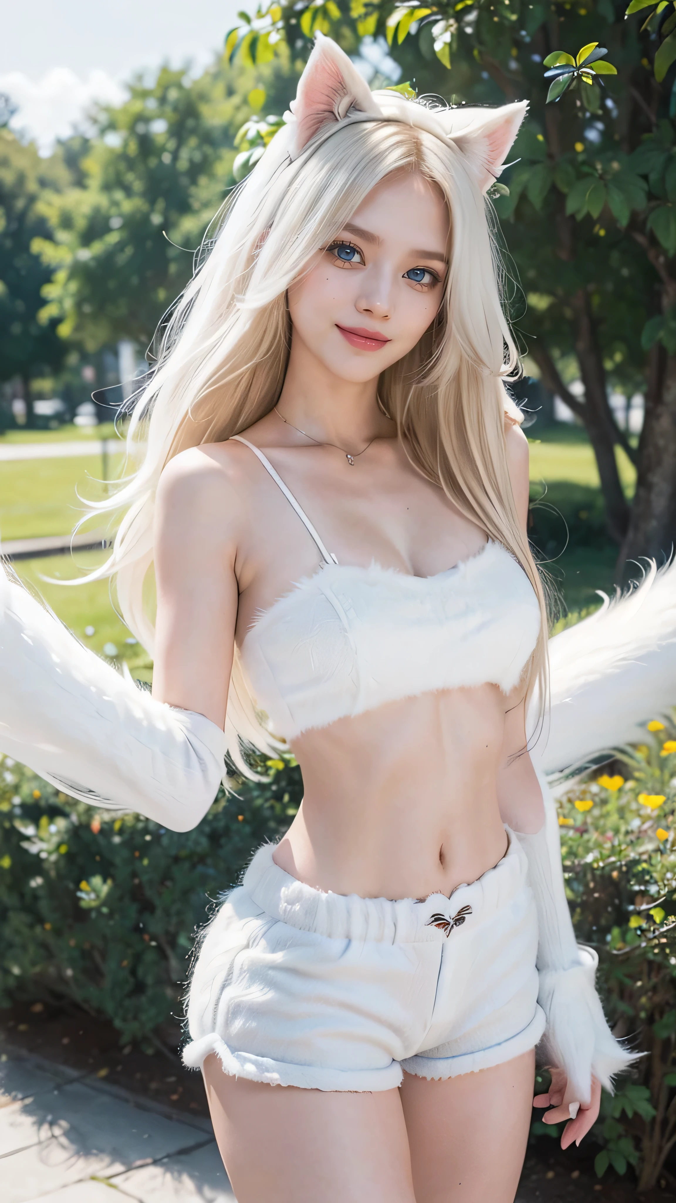 1girl, (Blue eyes), (smiling), (Sana Minatozaki), wide hips, Big , big ass, (Best Quality, 8k, Masterpiece: 1.3), perfect hands, perfect face, sexy pose, Clear Focus: 1.2, Perfect Body Beauty: 1.4 , Slender Abs: 1.2, Highly detailed face and skin texture, detailed eyes, double eyelids, (blonde long hair), (white furry top :1.4) (white furry shorts :1.4), (kitten ears), (standing), (dynamic pose), fur trim, in a park full of colorful flowers