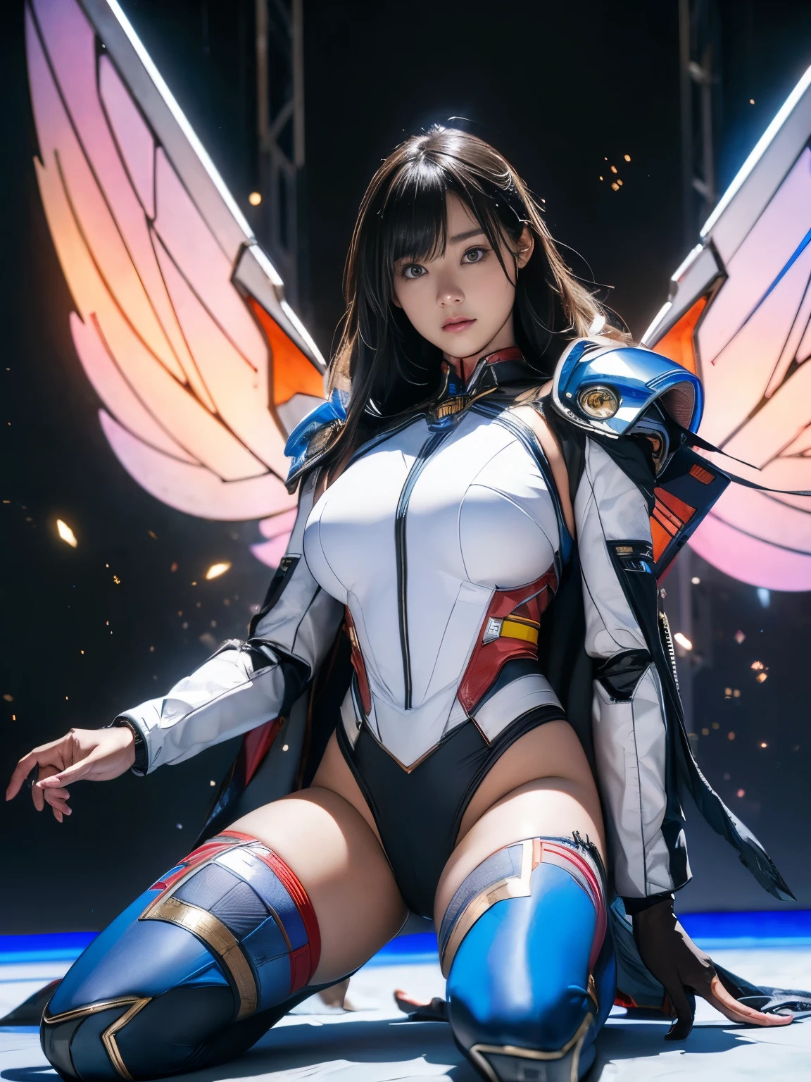 ((best quality)), ((Steel Maiden&#39;masterpiece)), (Very detailed:1.3), 3d, beautiful, (cyberpunk:1.2), in space, vague, Keep_arms, laser, (1女の子Mecha:1.3), Sexy figure, Facing the audience, bright blue Eye, whole body, black hair, (flight, descending order, Dynamic, motion blur: 1.4), (giant core wing: 1.6), look up, shine_Eye, Mecha, panoramic, The background is the earth,  nebula, space, particle, Reality, high dynamic range (high Dynamic range), Ray tracing, NVIDIA RTX, super resolution, Unreal 5, Scattered under the surface, PBR texture, post processing, Anisotropic filtering, Depth of the bounds written, Maximum clarity and sharpness, multi-layer texture, Albedo and highlight maps, Surface shading, Accurately simulate light-matter interactions, Perfect proportion, octane rendering, two-tone lighting, large diameter, Low ISO,  white balance, rule of thirds, 8K raw, Highly efficient sub-pixels, subpixel volume, (best quality), (Japanese: 0.5),  short bob, (beautiful胸: 1.2) he is dressed as superman&#39;s S on the chest., (((camel toe)))