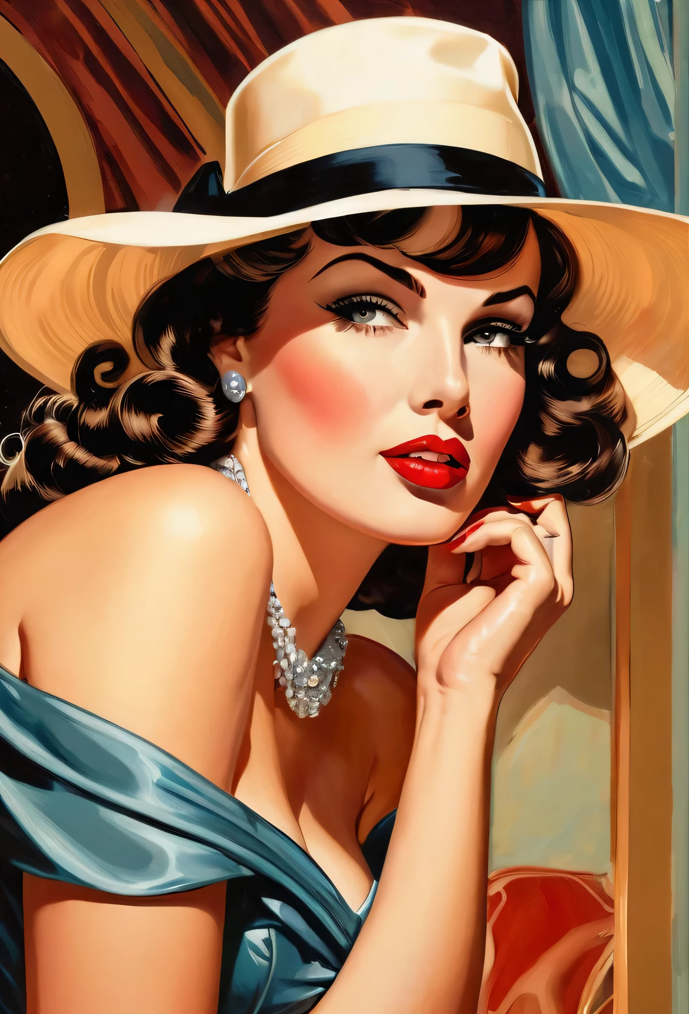 a close up of a woman wearing a hat and a dress, beautiful retro art, pin-up poster girl, pinup art, inspired by Bunny Yeager, inspired by James Montgomery Flagg, retro illustration, inspired by J.C. Leyendecker, inspired by J. C. Leyendecker, comic pinup style, inspired by Alberto Vargas, retro pinup model